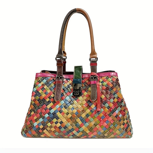 Woven Genuine Leather Tote Bag for Women - Colorful Pattern Shoulder & Crossbody With Zipper Closure