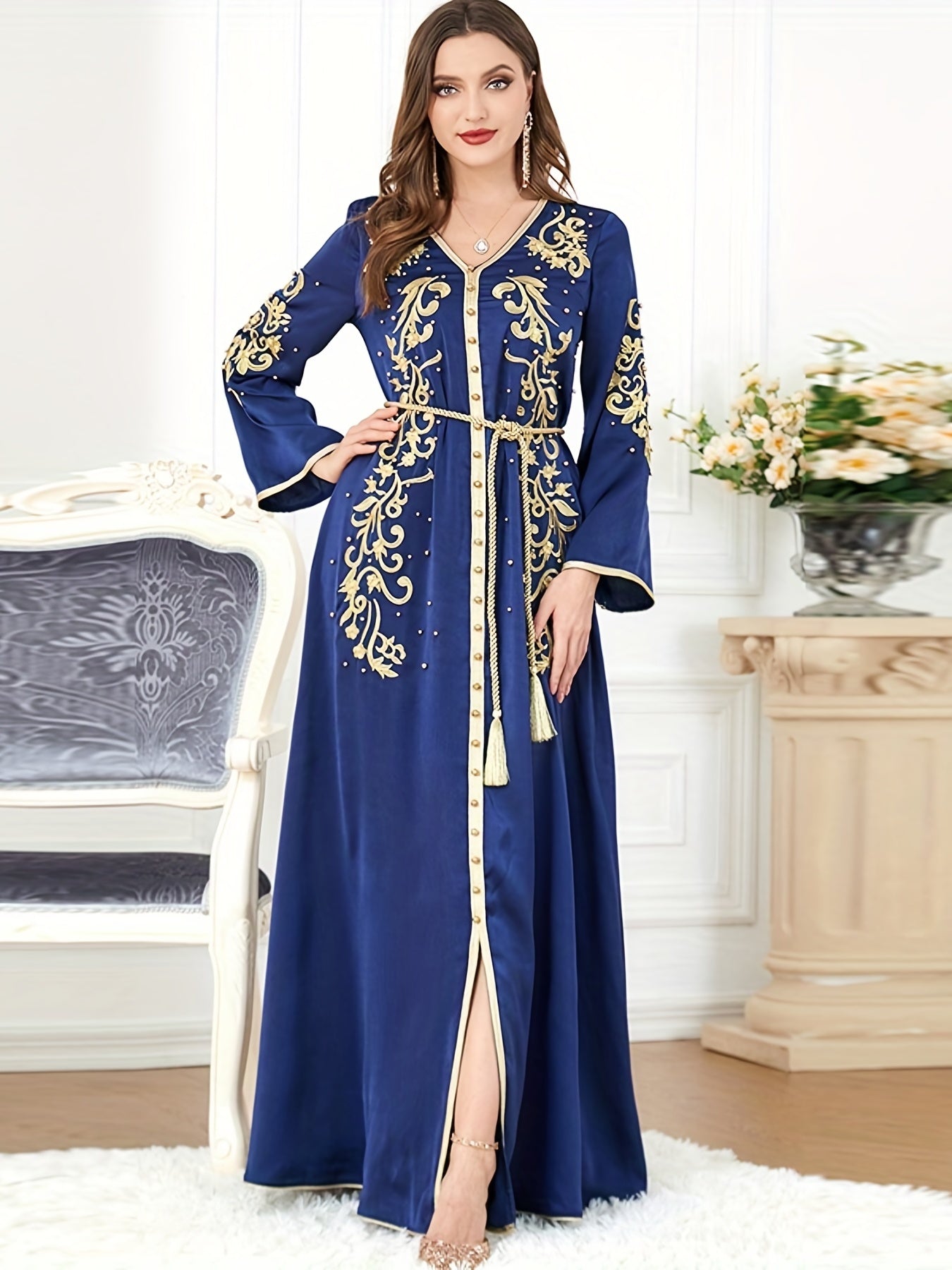 Plants Print V-neck Slit Kaftan Abaya, Long Sleeve Dress, Women's Clothing