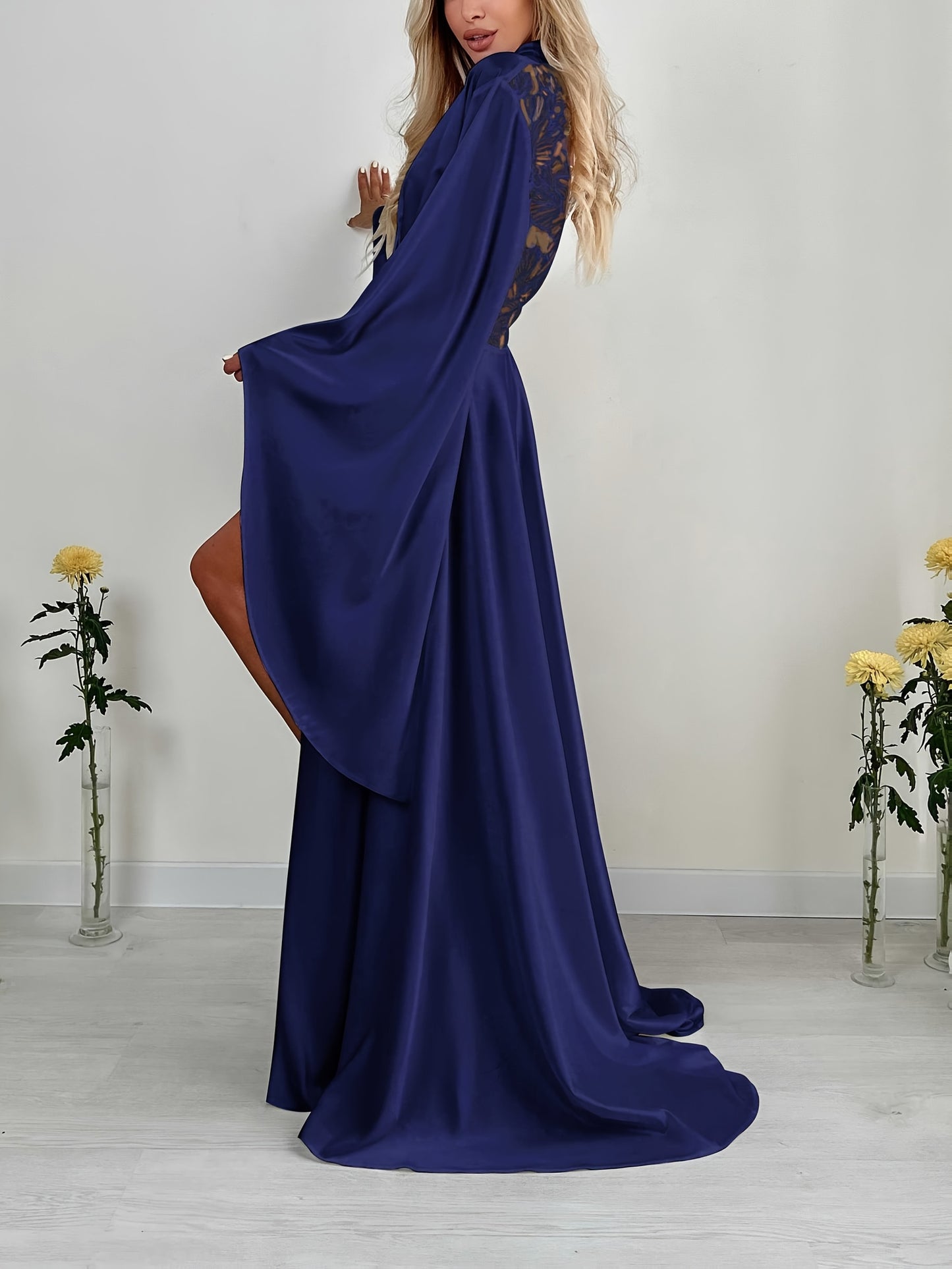 Ladies Satin Gown Silk Lace Bridal Kimono Abaya Nightgown Bridesmaid Gown Wedding Party Nightgown