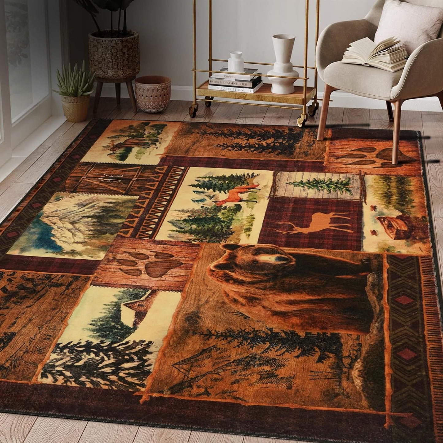 small house bear moose throwing carpet, area carpet in farmhouse style, used for living room and bedroom entrances, non slip washable soft brown floor carpet, retro rural wildlife home decoration area carpet