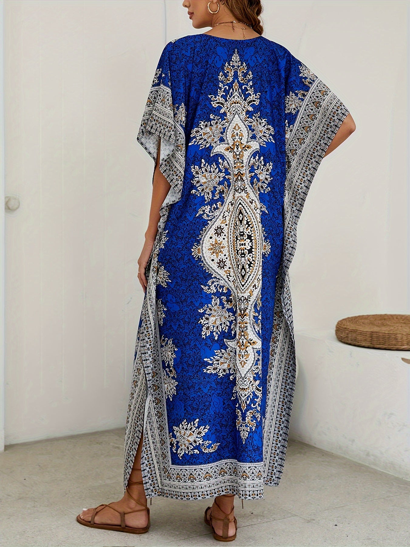 Women's Middle Eastern Muslim Kaftan Abaya, Loose V-Neck Beach Bohemian Party Dress