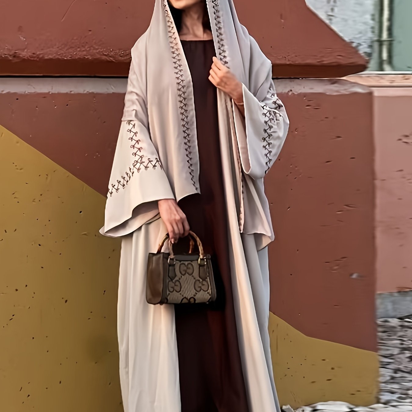 Plus Size - Plus Size Women's Long Sleeve Open Front Middle Eastern-Inspired Abaya Burqa with Headscarf - Casual, Machine Washable, Dry Cleanable, Versatile for All Seasons