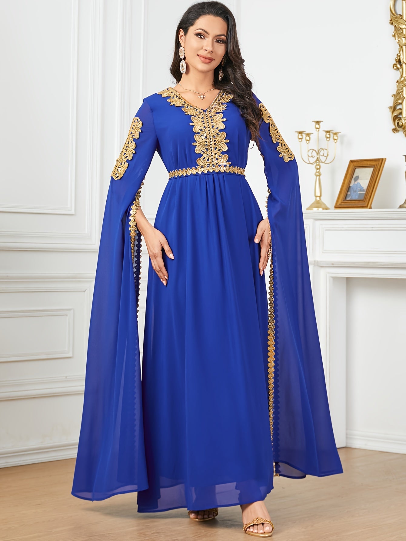Elegant Black Sequin Embroidered A-Line Maxi Abaya Dress with Golden-Tone Embroidery, Slit Sleeves & Adjustable Waist Belt - Middle Eastern-Inspired Formal Party Wedding Guest Dress, Cultural Attire, Nontransparent Fabric