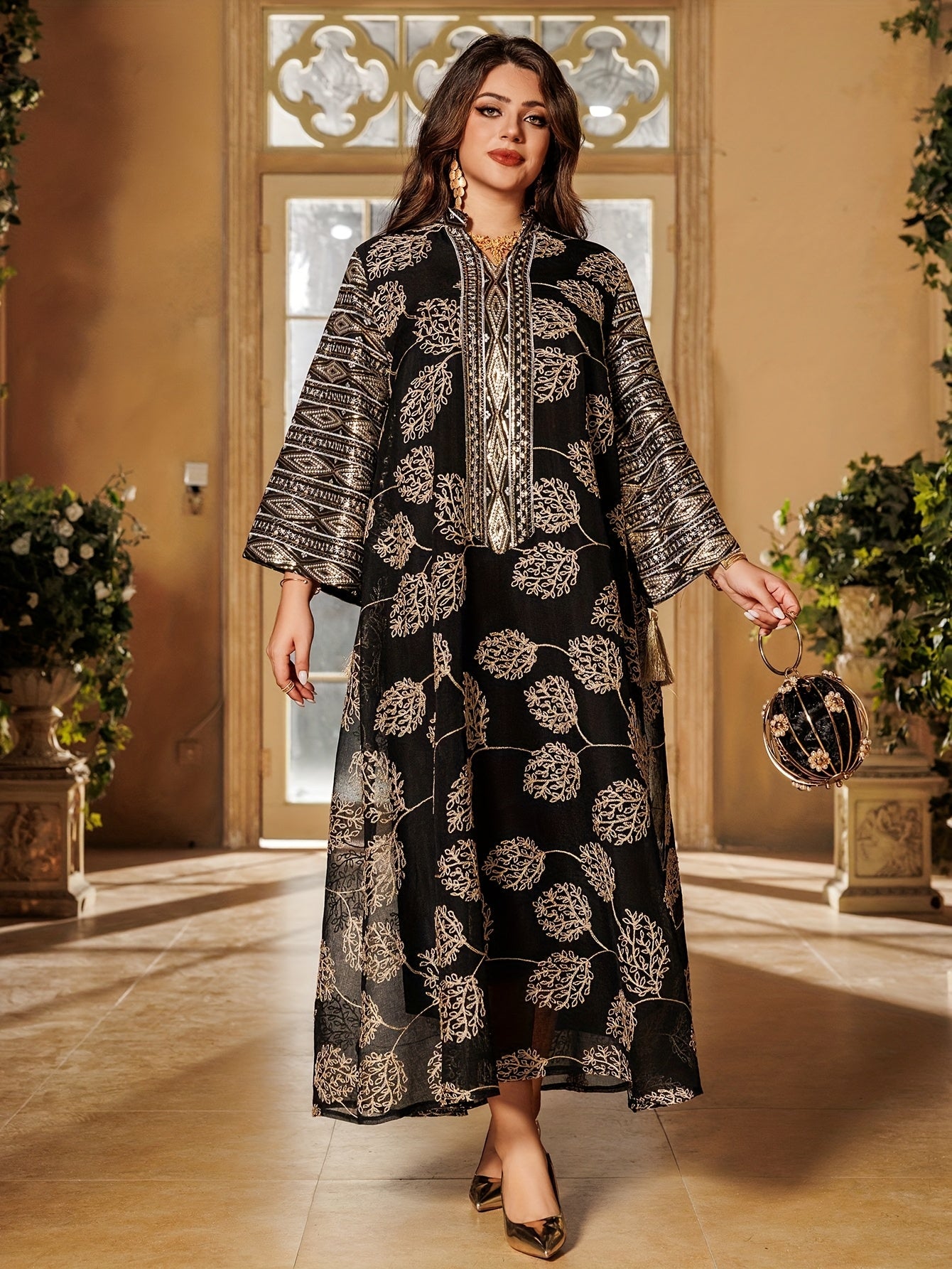 2025 Hot-Selling Black Mesh Embroidered Muslim Robe with Sequin Sleeves, Women's Elegant Kimono Abaya - Arabian Turkish Style for Eid al-Fitr, Travel, Party, and Home Evening Gown
