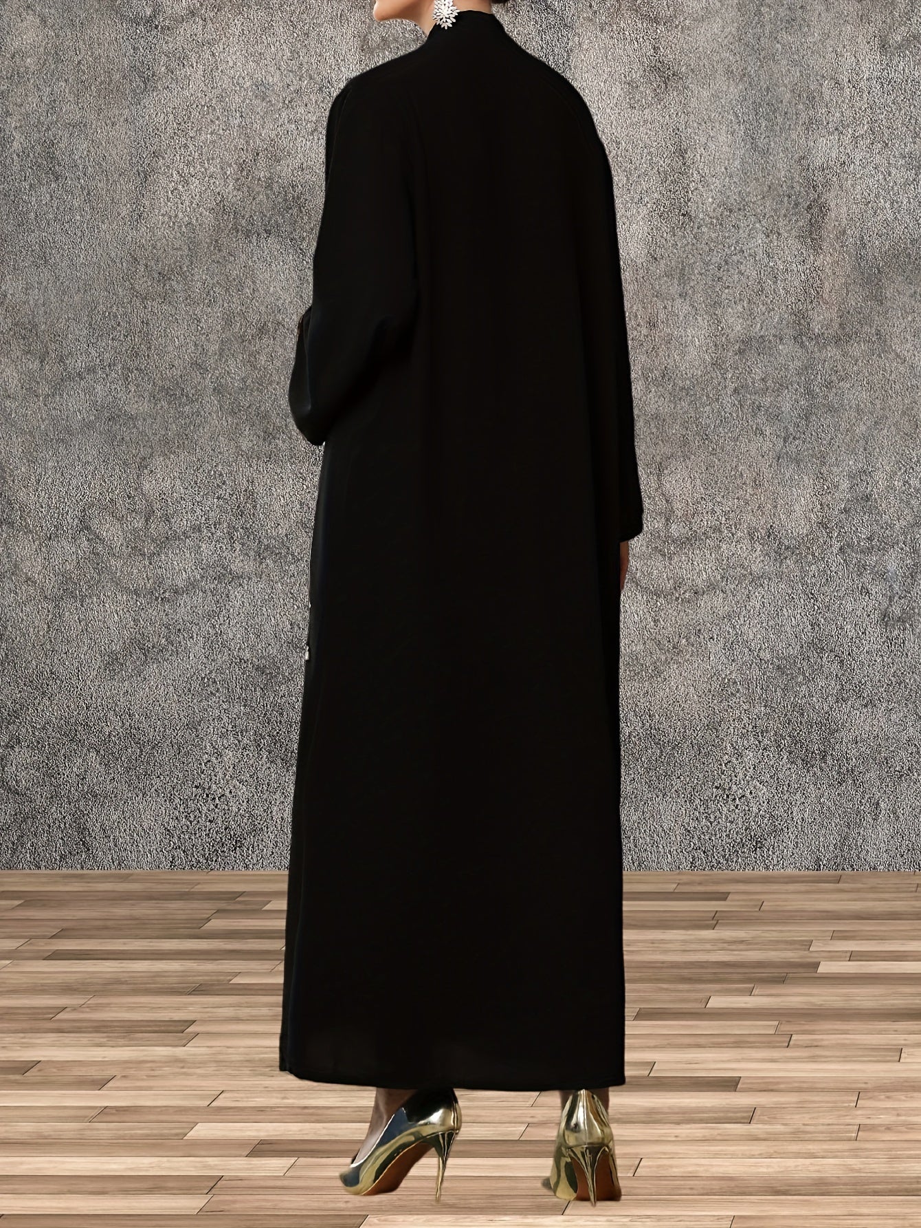 Elegant Black Maxi Kaftan Cardigan with Pearl Accents - Long Sleeve, Open Front Abaya, Polyester, Non-Stretch Fabric for Women | Ideal for Middle Eastern Style & Travel Outfits