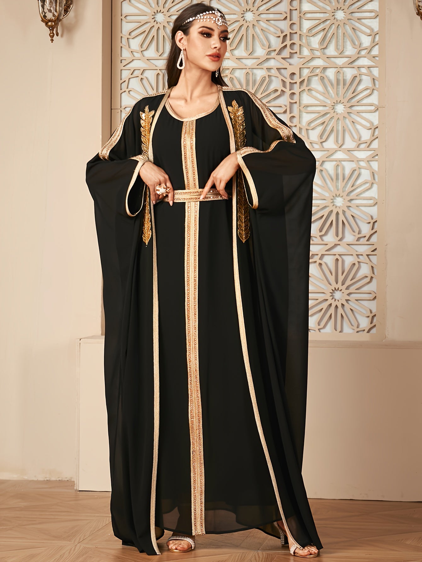 Elegant Ramadan Style Sequin Abaya Gown Dress with Mesh Overlay and Batwing Sleeves - Round Neck, Black with Golden Accents, Flowing Draped Waist, Perfect for Women's Fashion, Festive Attire|Elegant Attire