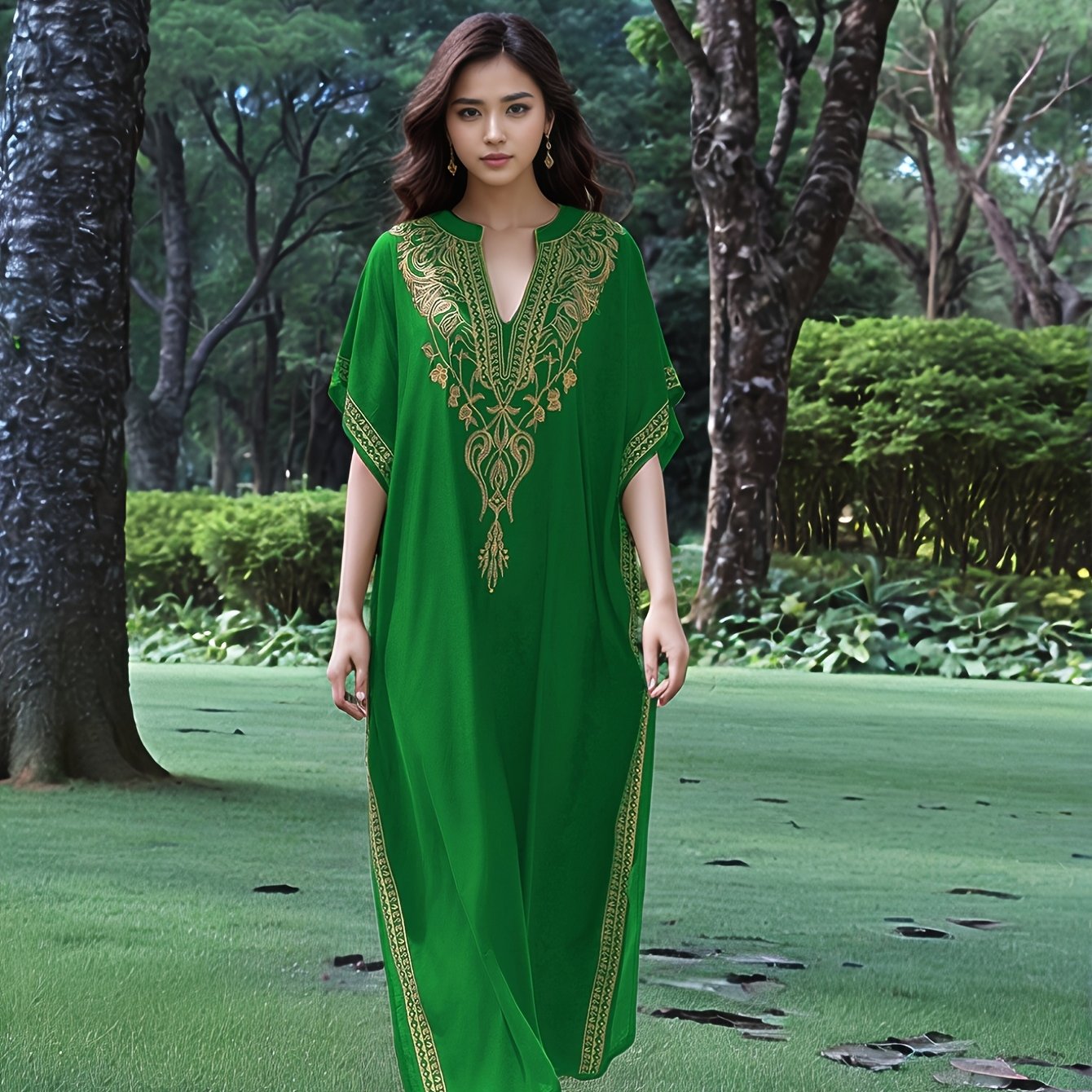 Elegant Gold Embroidered Resort Gown Kaftan Dress V-Neck Beach Blouse Kaftan