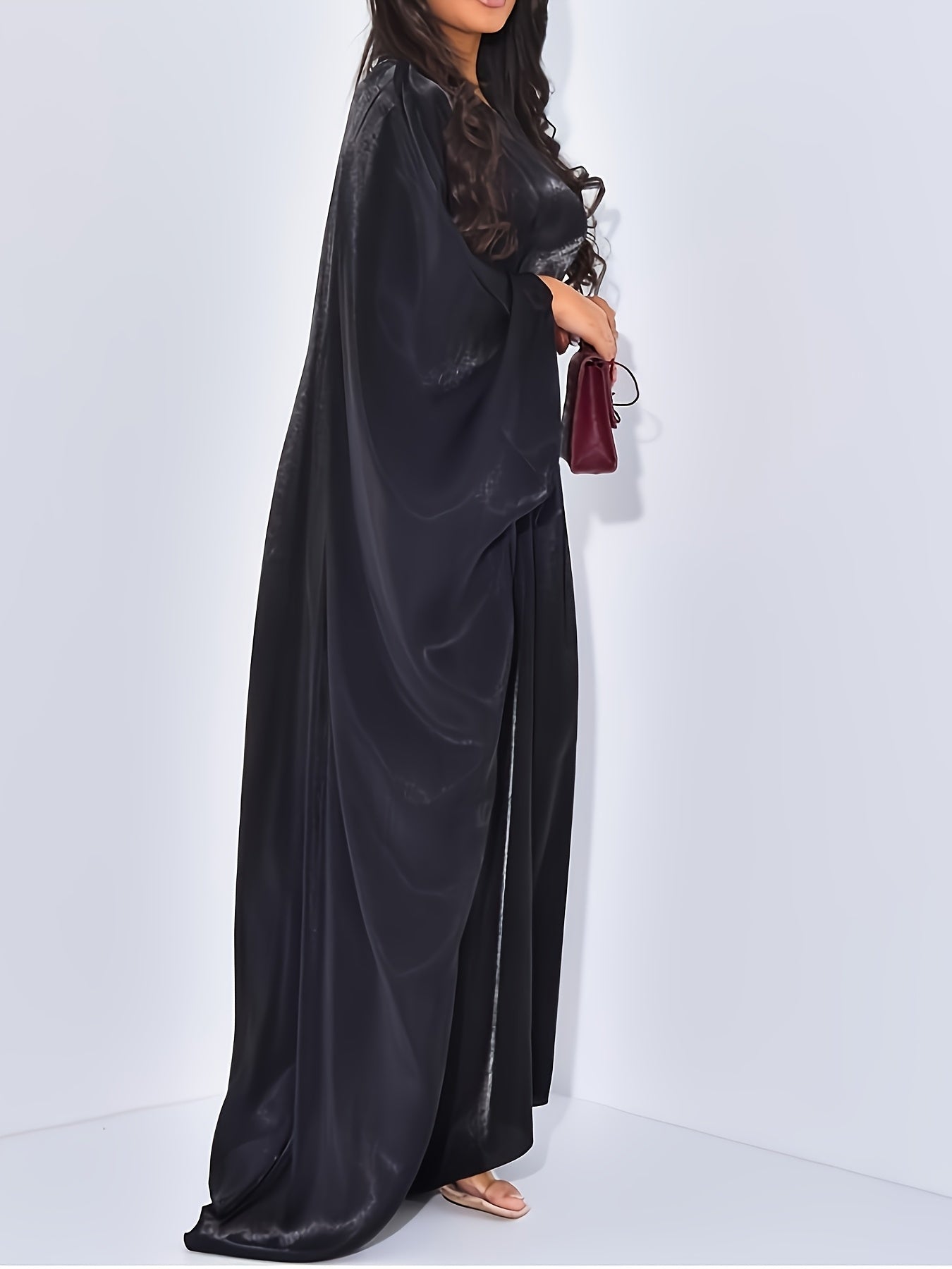 Women's Modest Arabic Abaya Robe Dress - Long Sleeve Asymmetrical Hem Shiny Fabric Cover-Up, Machine Washable All-Season Versatile for Parties Daily Outings, Solid Color Traditional Attire