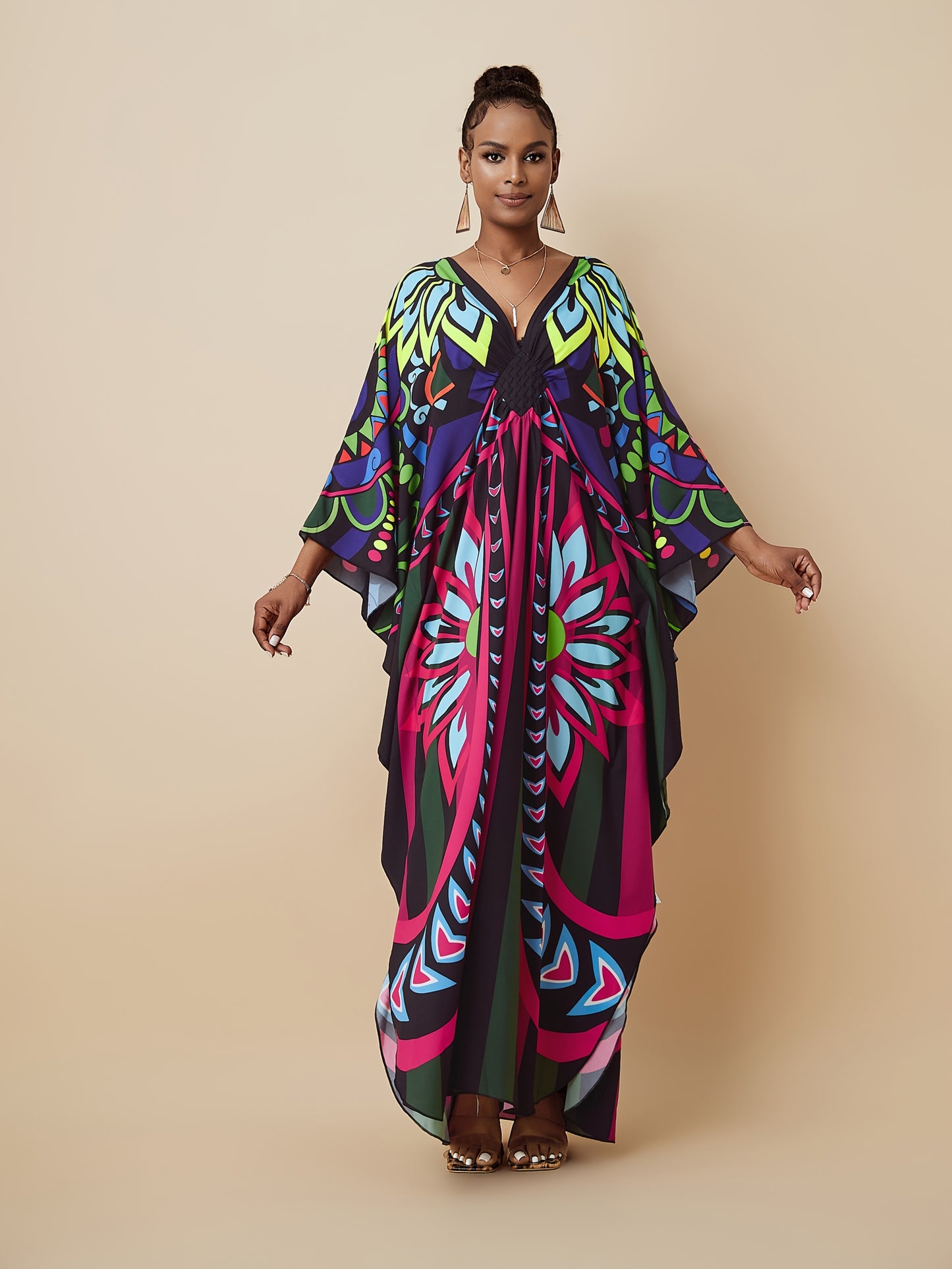 Plus Size - V-neck Kaftan Slit Women's Dress Party Outfit Summer Cover Up Dress Onesize Butterfly Abaya
