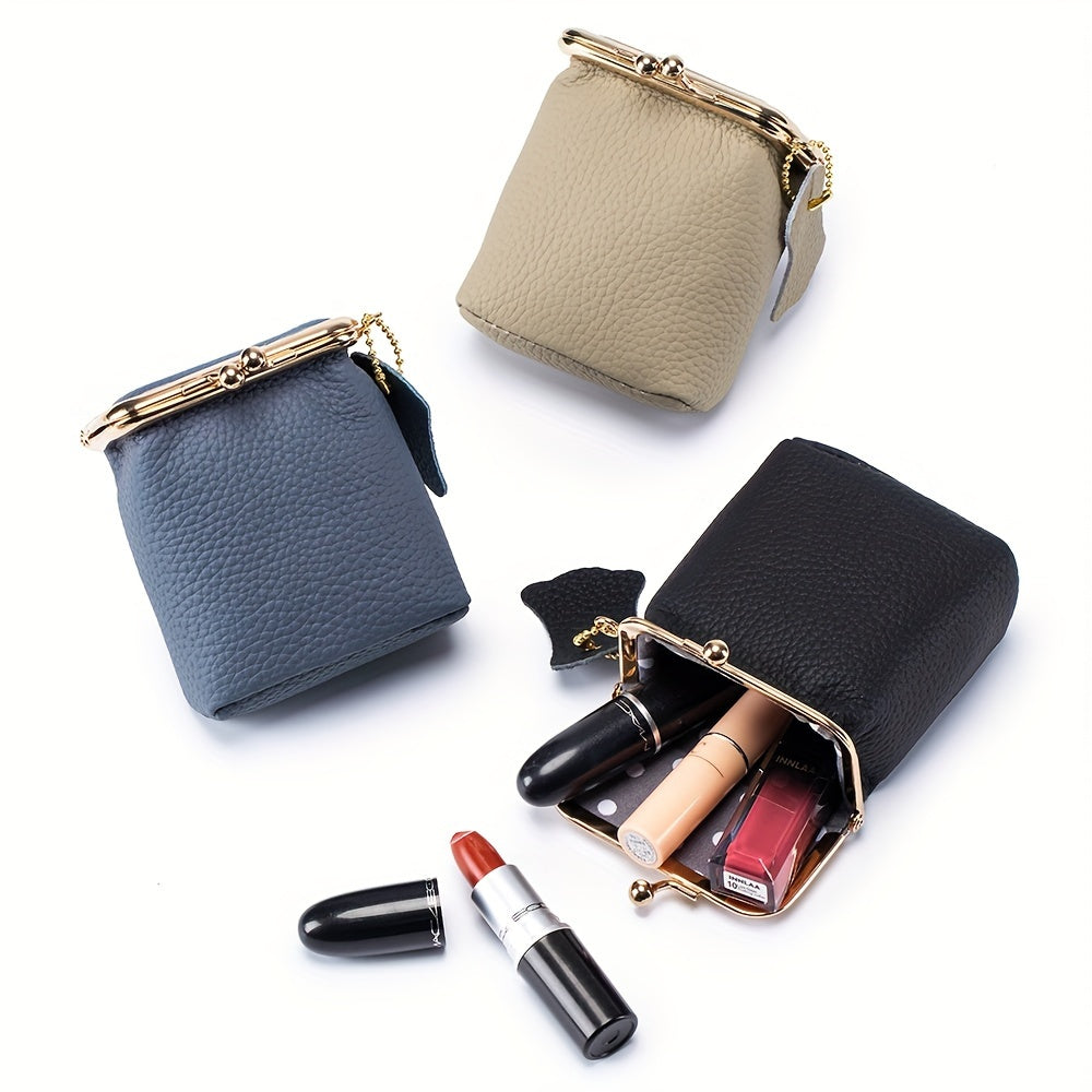Vintage Genuine Leather Mini Bag Organizer with Secure Kiss Lock - Spacious Coin Purse, Key Holder, Earphone & Lipstick Case, Multi-Purpose Travel Cosmetic Pouch