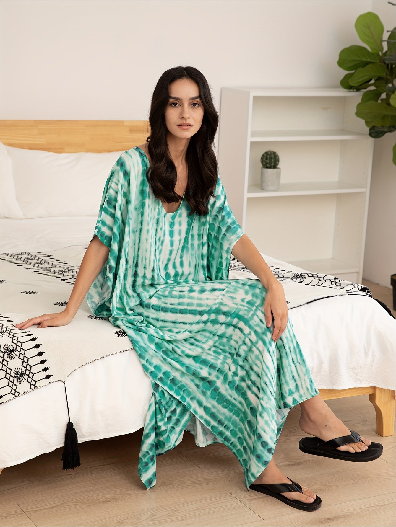 Kaftan Dress Striped Print Beach Cover Up Side Split Long Robe for Leisure Vacation Multicolor Beach Kaftan V-neck Halo Dyed Flower Long Dress Plus Size Bating Sleeve Half Sleeve Home Vacation Dress