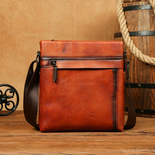 Handmade Genuine Leather Unisex Shoulder Bag - Adjustable Strap, Zipper Closure & Belt Accents, Lightweight Retro Business Casual Crossbody Bag for Daily Commute