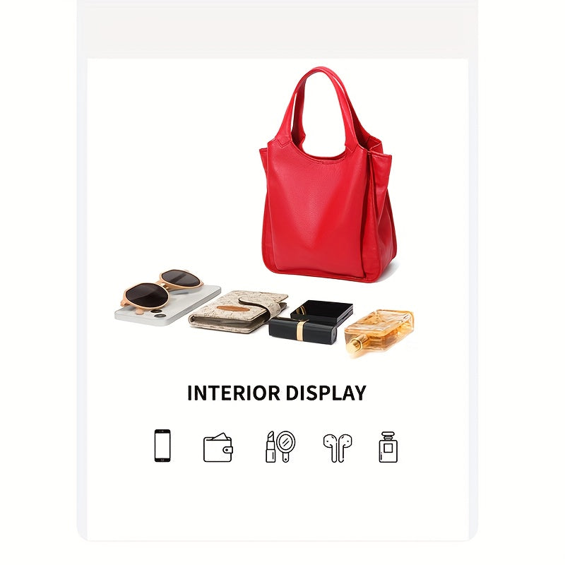Genuine Leather Women's Handbag - Large Capacity Tote Bag with Adjustable Shoulder Strap