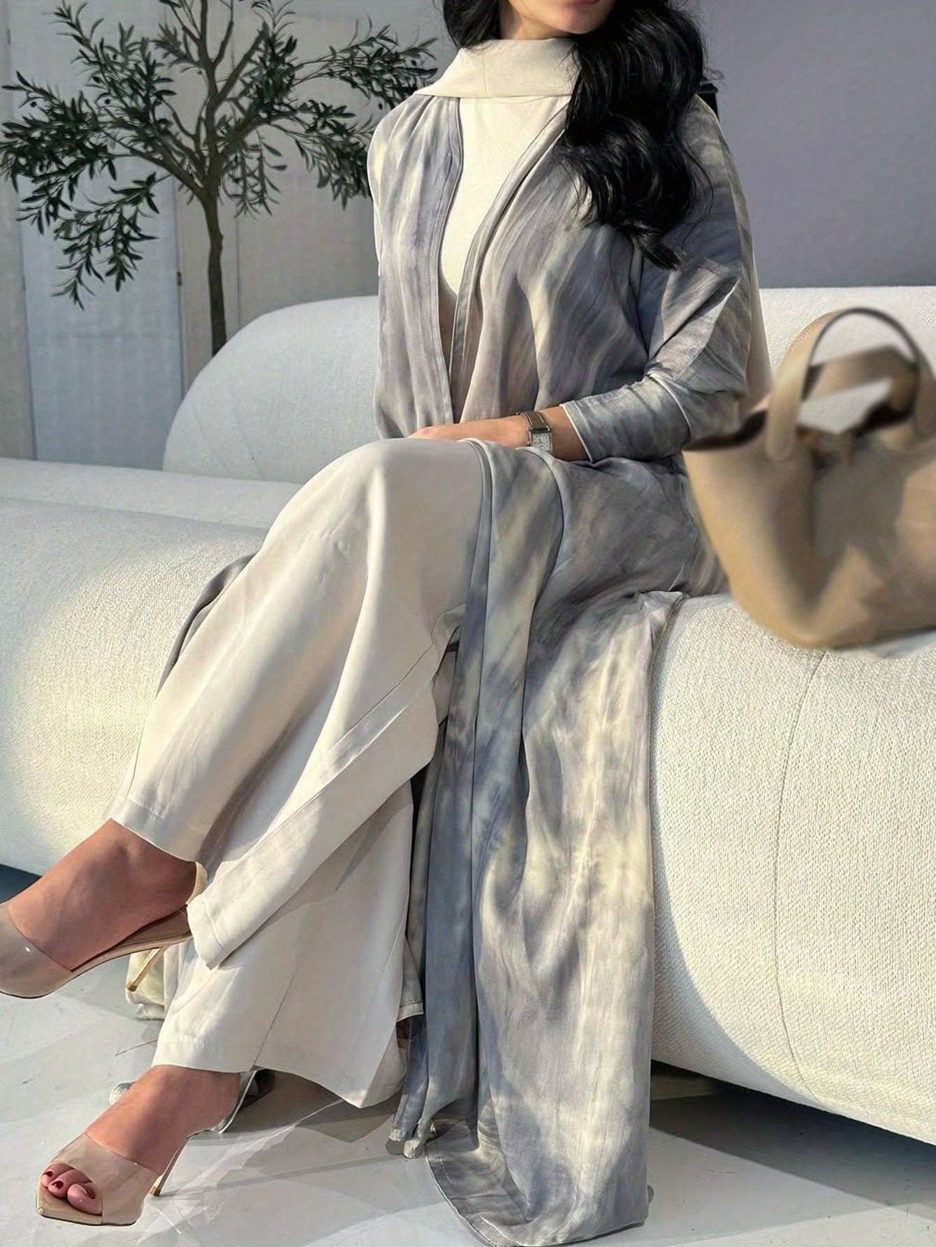 Plus Size, 1pc Women's Plus Size Turkish Abaya Kaftan - Elegant Islamic Robe Maxi Dress in Gray/Beige/White/Black/, Long Sleeve Flowy Kaftan with Asymmetrical Hem, All-Season Formal & Casual