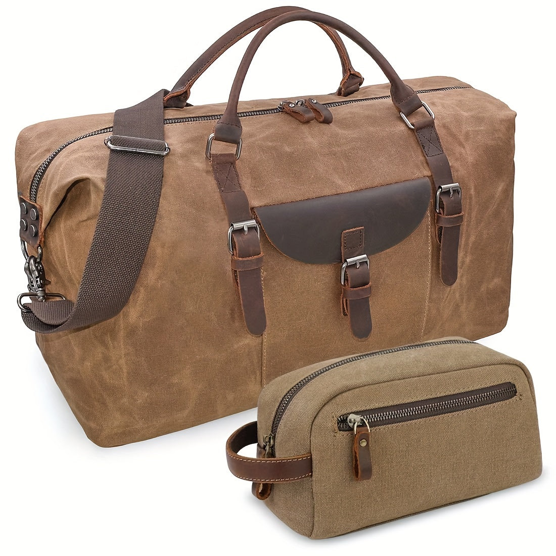 Oversized Travel Duffel Bag Canvas Weekender Leather Overnight Hand Bag With Toiletry Bag