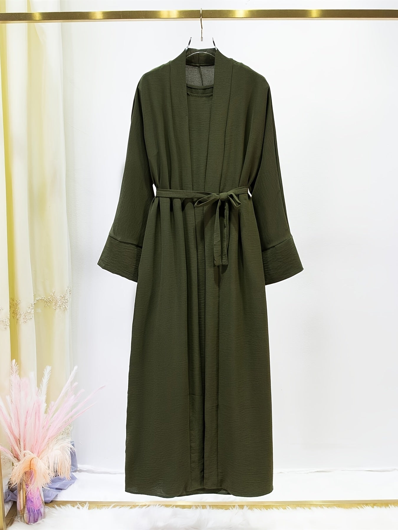 Ramadan Solid Color Modest Pakistani Abaya Set, Casual Crew Neck Sleeveless Tank Dress & Open Front Long Sleeve Tie Cardigan Outfits, Women's Clothing