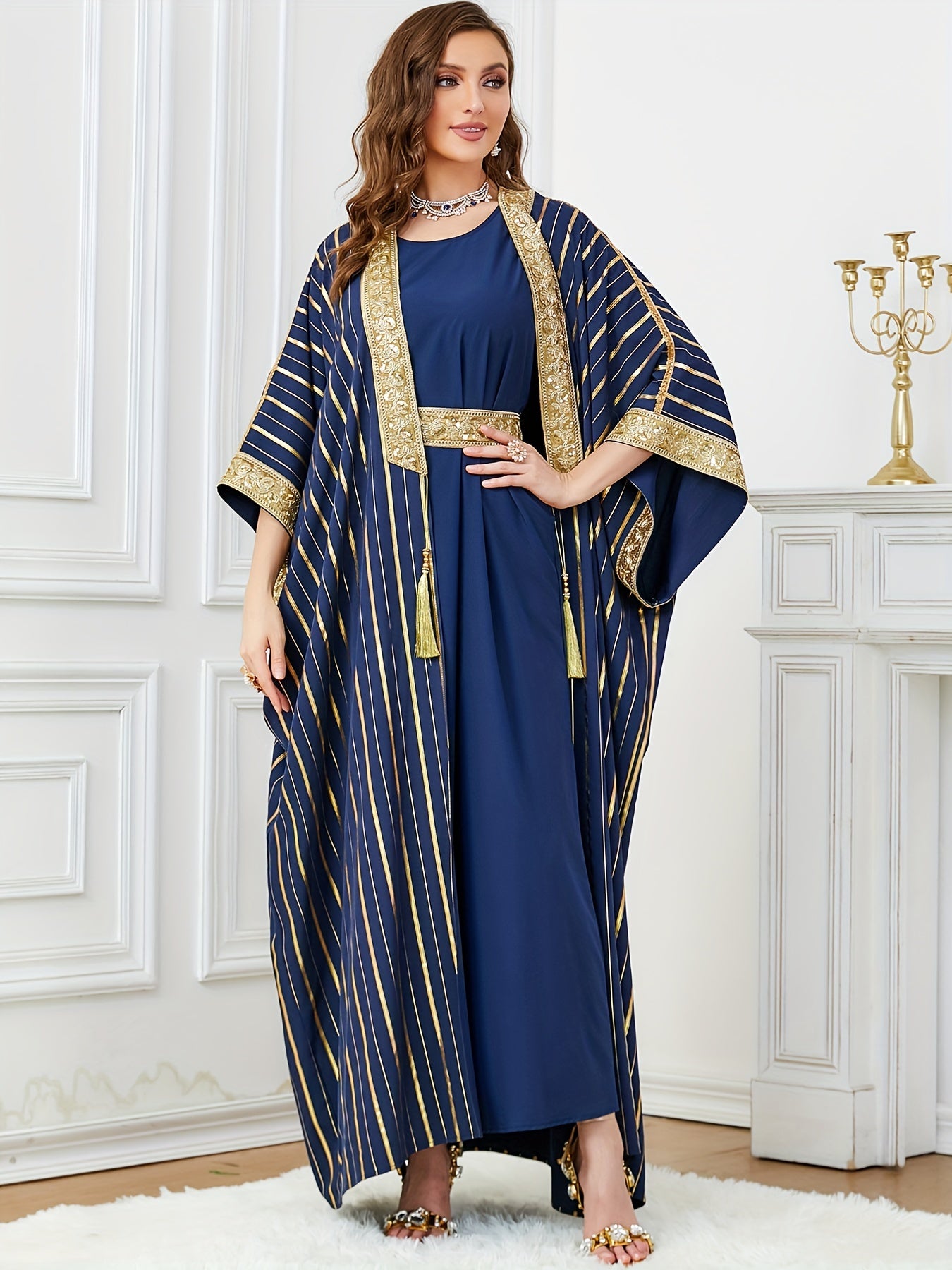 Oriented Spot Middle East Dubai Muslim Women's Abaya Four Seasons Round Neck Ramadan New Long Dress Regular Fit Ultra Thick Texture Super Soft Fabric Open Front Two-Piece Set Golden Belt