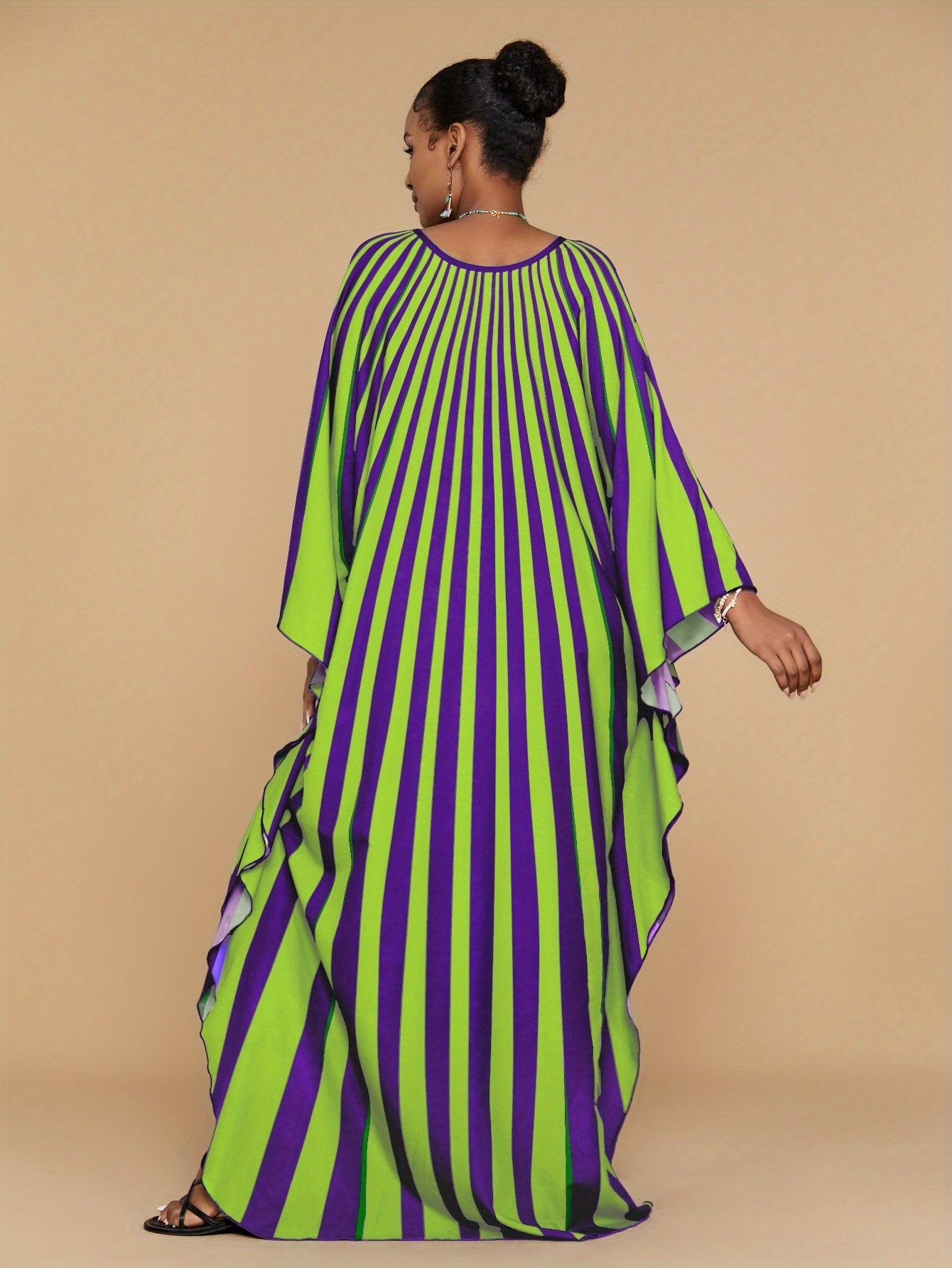 Plus Size - Bohemian Stripe Print Kaftan Dress for Women - V-Neck, Half Sleeve, Long Length, Lightweight Polyester, Perfect for Beach Coverup & Casual Vacation, Plus Size, Spring/Summer/Fall Wear, Beach Dress