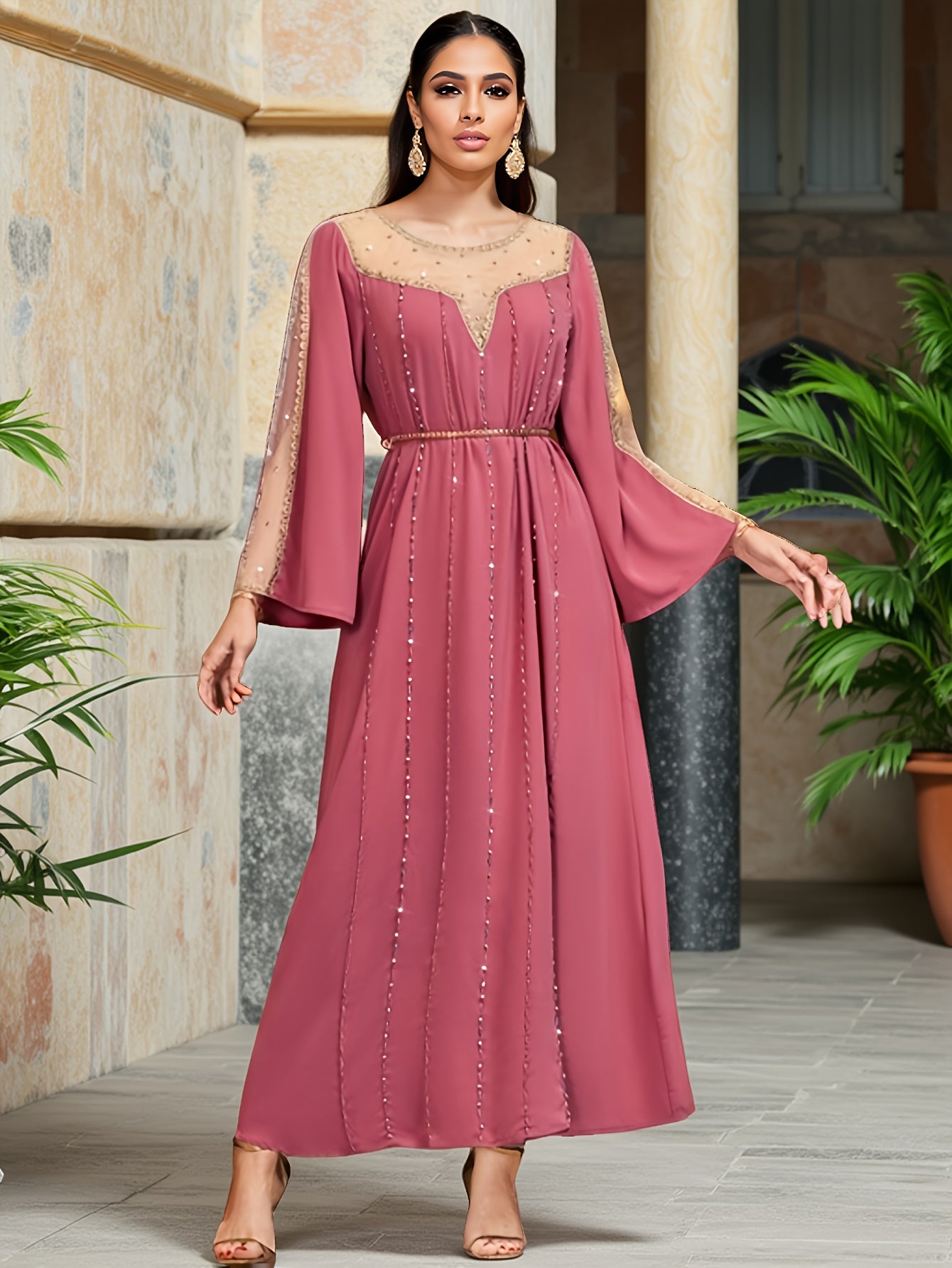 Women's Middle Eastern-Inspired Rhinestone-Embellished Long Sleeve Modern Abaya - Solid Peach Pink Polyester with Belt Detail, Elegant Spring/Summer Party & Casual Wear, Hand Wash Only