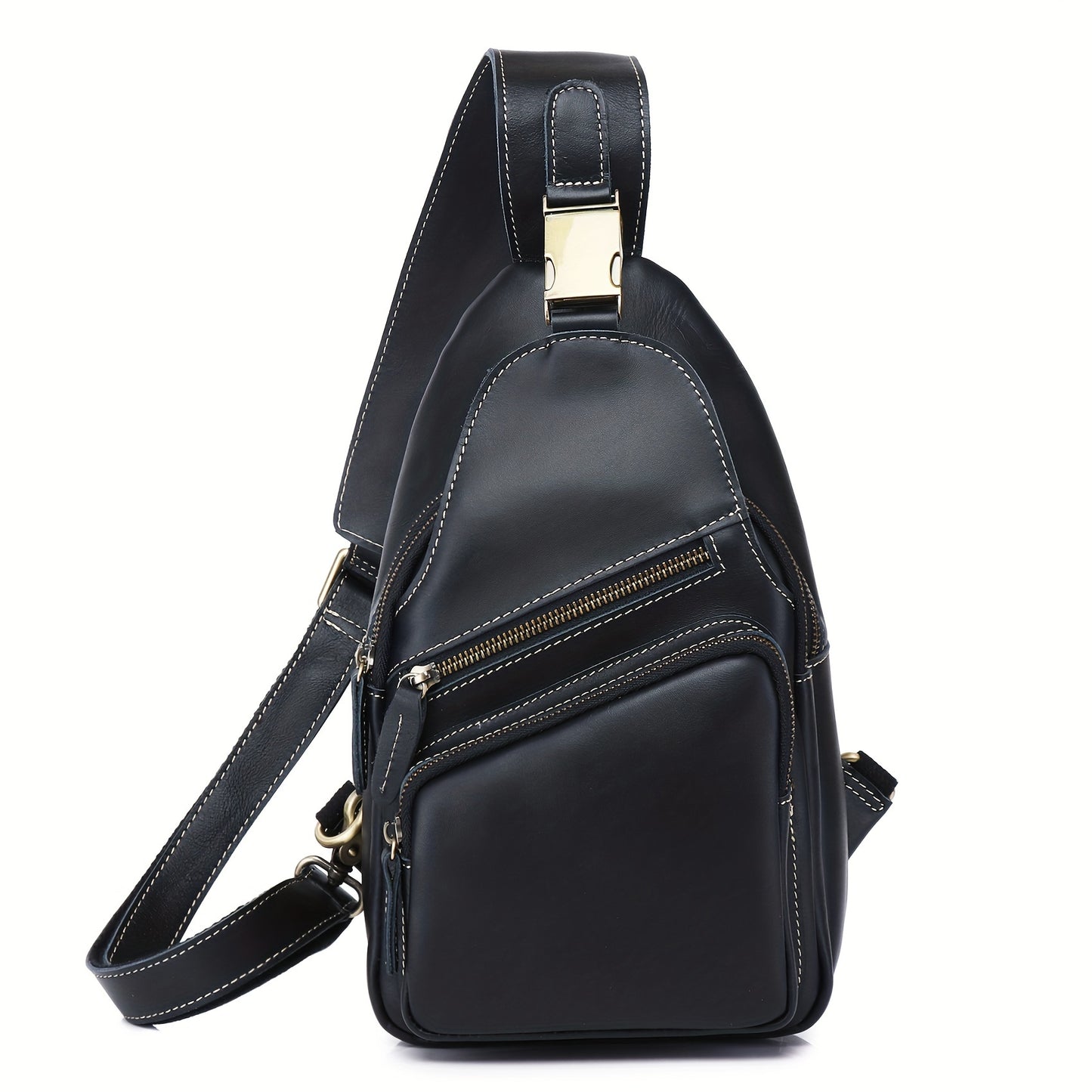 Full Grain Cowhide Leather Vintage Sling Chest Shoulder Bag Retro Hiking Crossbody Casual Daypack - Durable & Stylish - For Men & Women