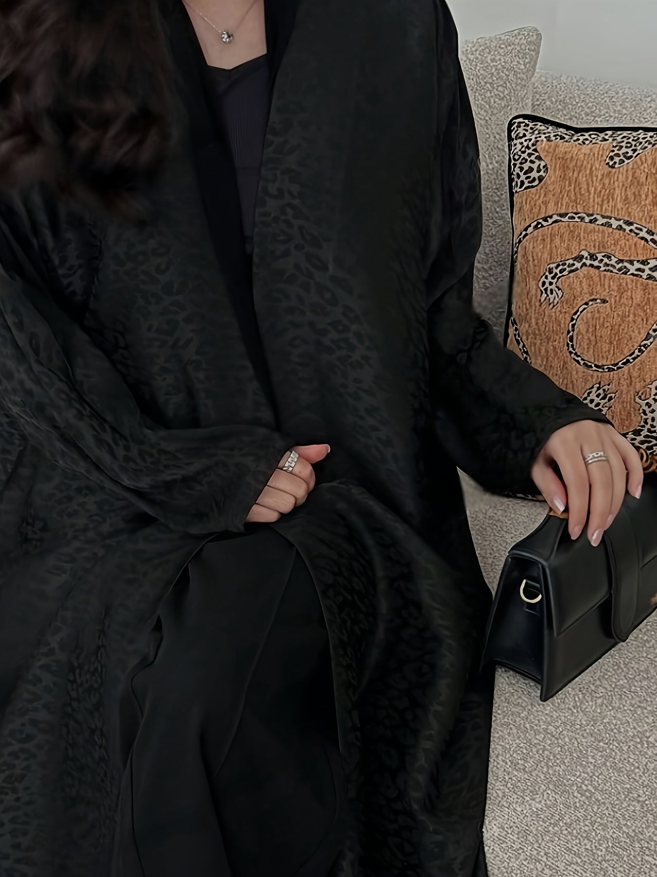 Women's Elegant Black Leopard Print Abaya Kaftan Dress - Long Sleeve, Open Front, Beltless Design, Perfect for Daily Wear and Festivals, Spring/Summer/Fall Collection, Festival Attire