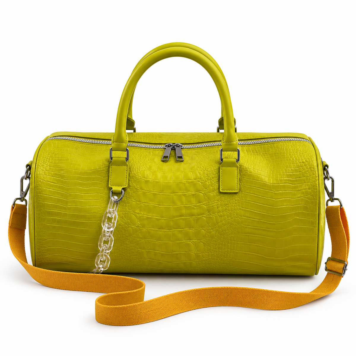 Chartreuse Crocodile Embossed Leather Duffel Bag