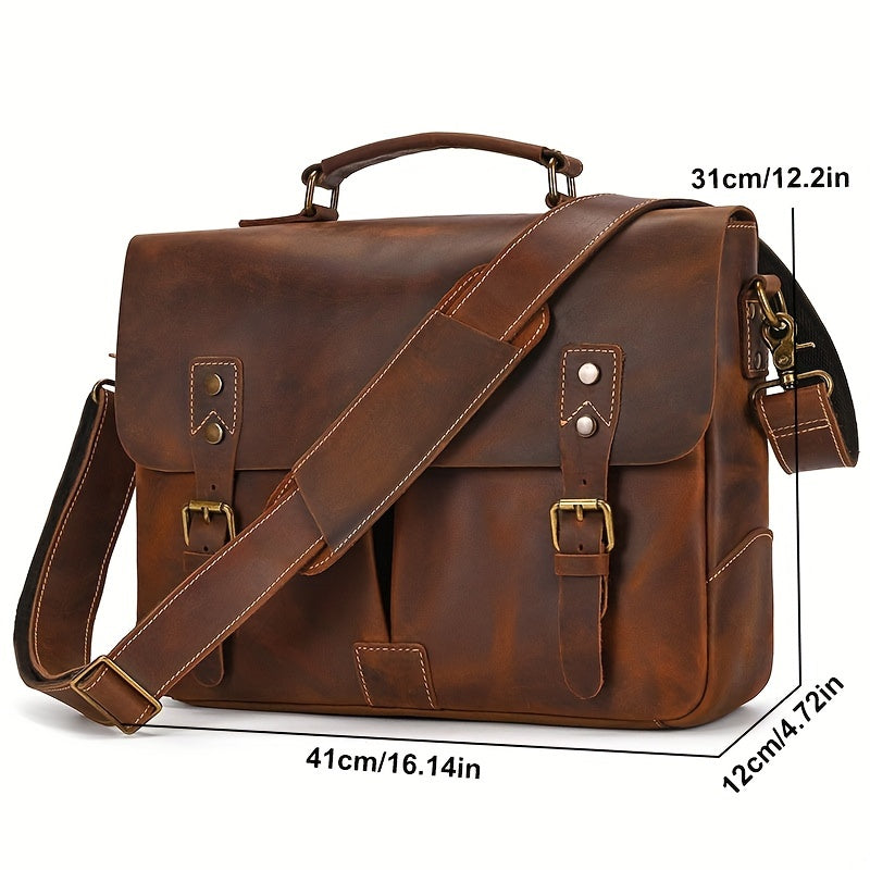 Vintage Men Leather Briefcase Bag Mad Horse Leather 1516 Inch Cowhide Commuter Bag Leather Shoulder Bag Laptop Bag