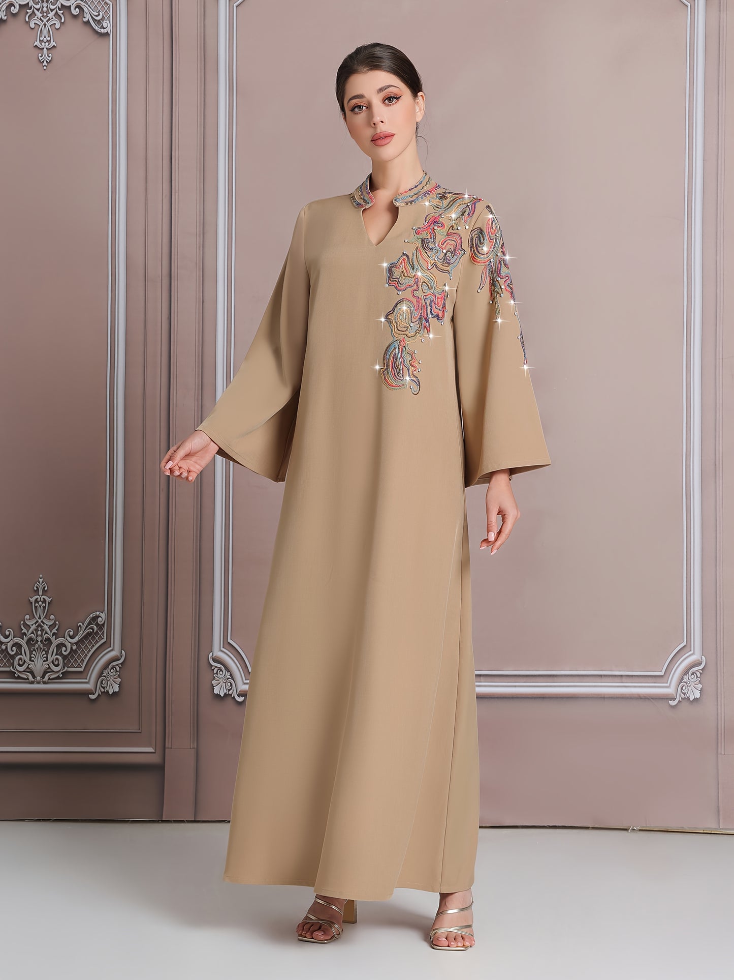 Elegant Dubai-Inspired Modern Kaftan Abaya for Women - Colorful Embroidered Long Robe with Large Size, Beige Abaya, Middle Eastern Fashion, Fashionable Clothing