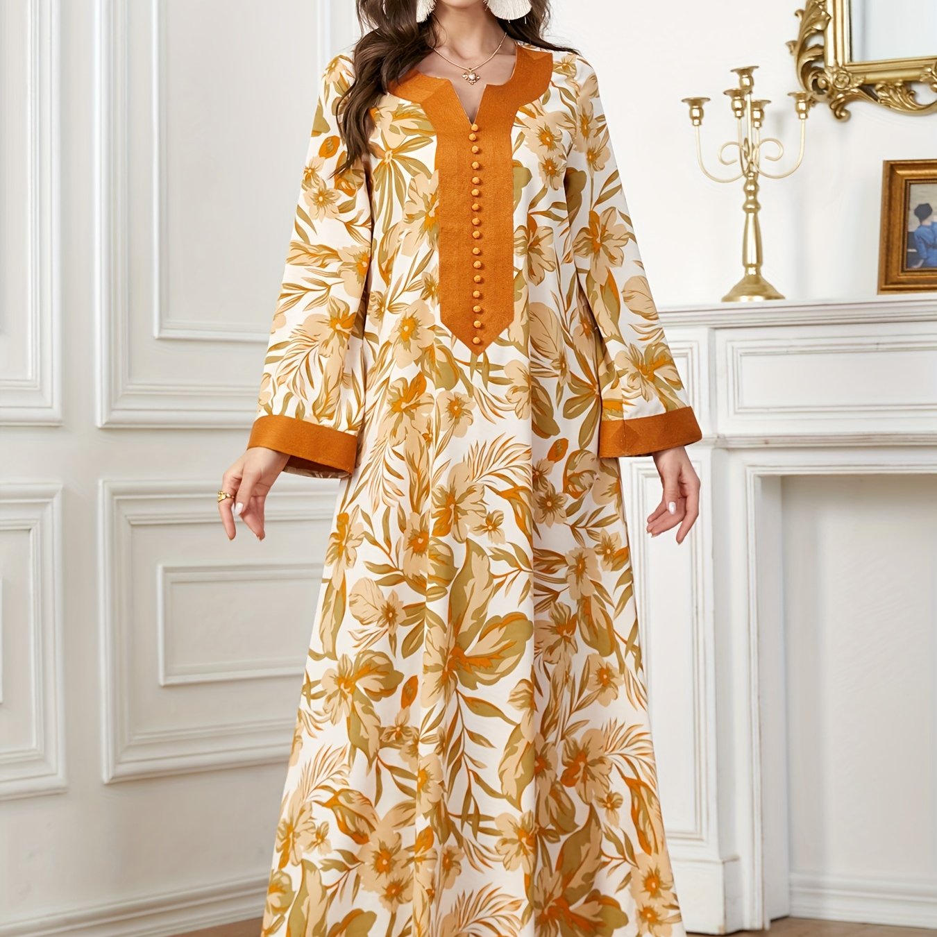 Print Long Sleeve Kaftan Modern Abaya with Embroidered Buttons - Maxi Length, Orange & Cream Floral Design, Polyester Fabric, Machine Washable, All-Season Wear, Floral Print Dress