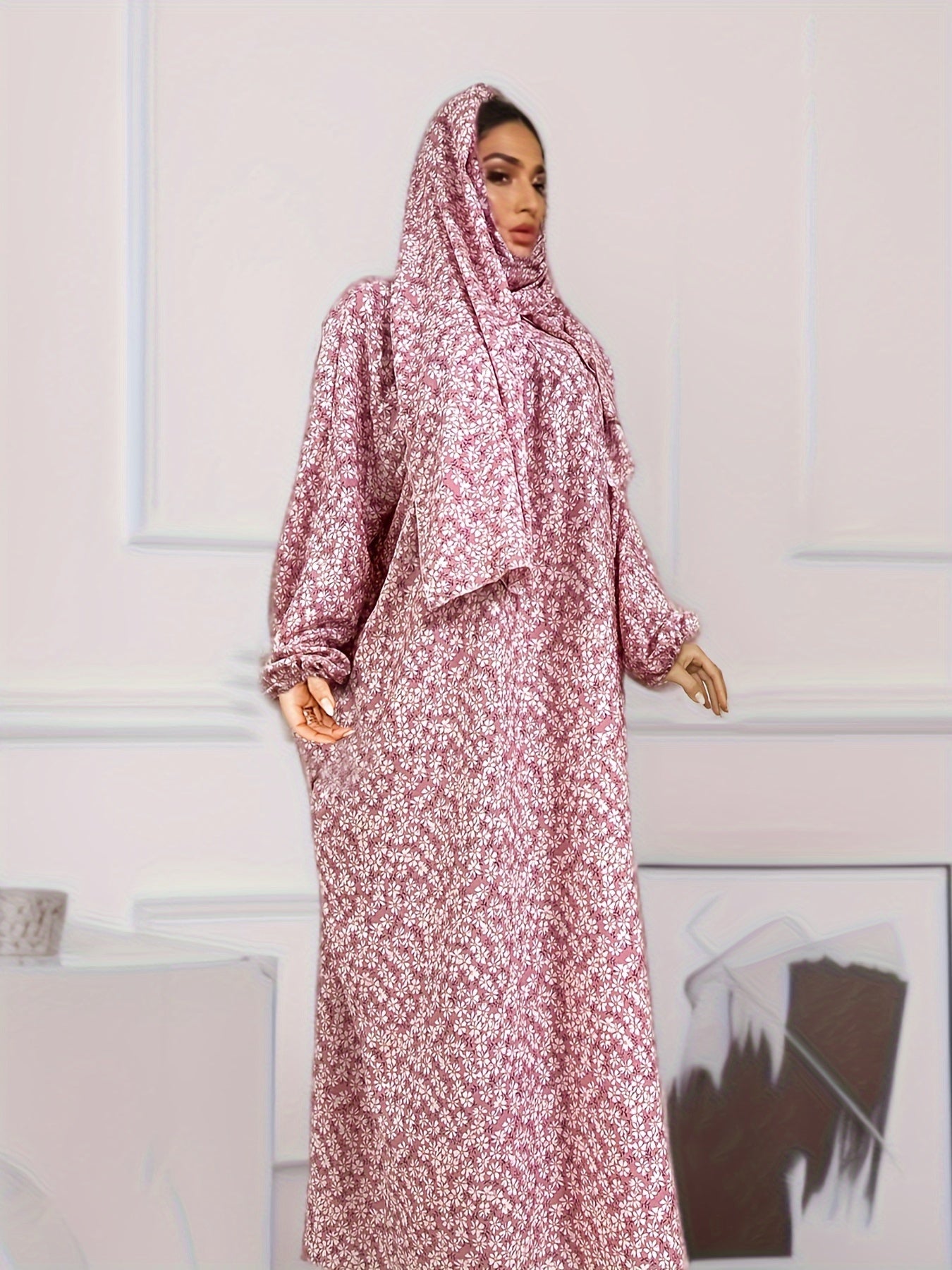 Elegant Floral Print Women's Prayer Modest Dress with Hijab Scarf - Long Sleeve Jibab Abaya, Maxi Length, Rayon Material, Pink & White Patterned Design, All-Season Wear, Religious Attire | Middle Eastern Fashion | Smooth Texture