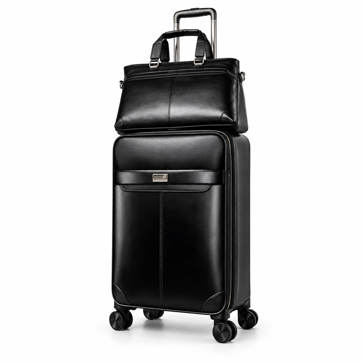 Black Leather Trolley Luggage With Tote