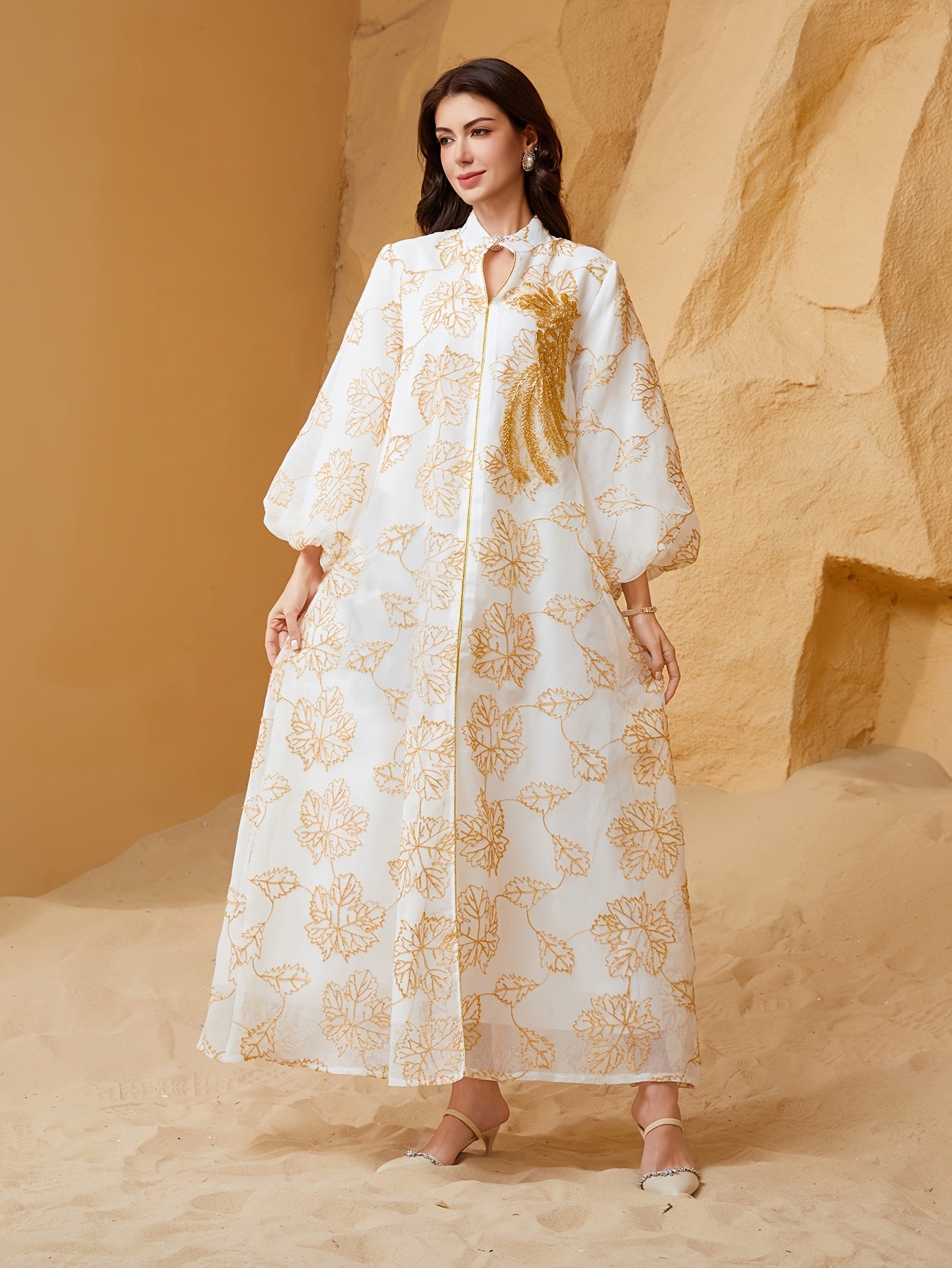 Oriental Style Regular Formal Dress Women's Abaya with Sequins and Mesh Stand Collar, Light Luxury Evening Gown for Festive Occasions - Turkish Jalabiya