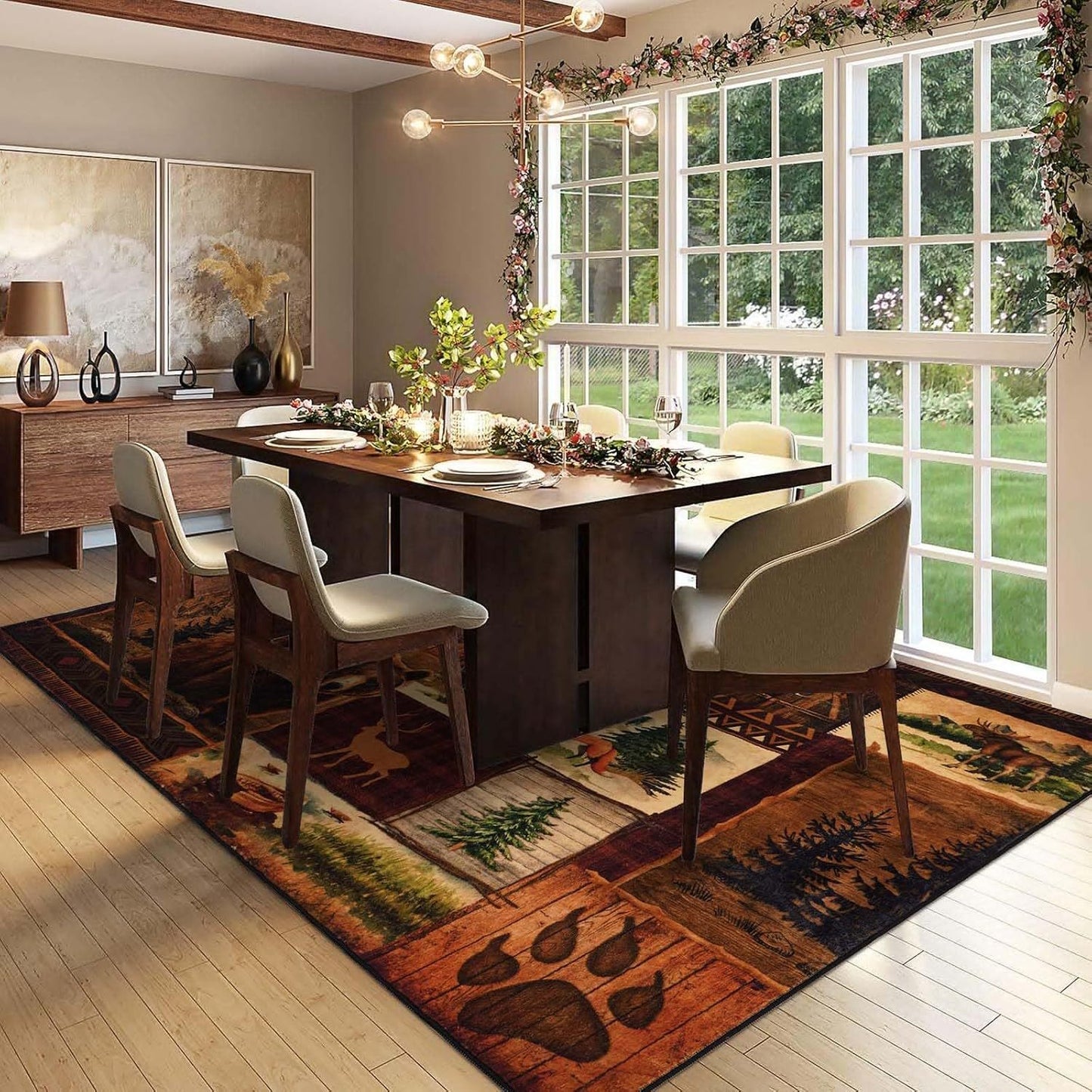 small house bear moose throwing carpet, area carpet in farmhouse style, used for living room and bedroom entrances, non slip washable soft brown floor carpet, retro rural wildlife home decoration area carpet