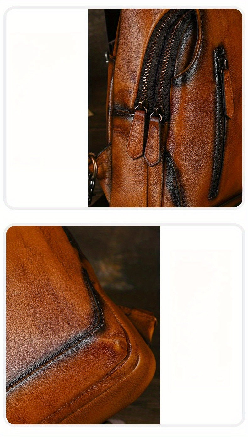 Handmade Genuine Leather Men's Retro Sling Bag - Adjustable Anti-Theft Crossbody Bag with Large Capacity