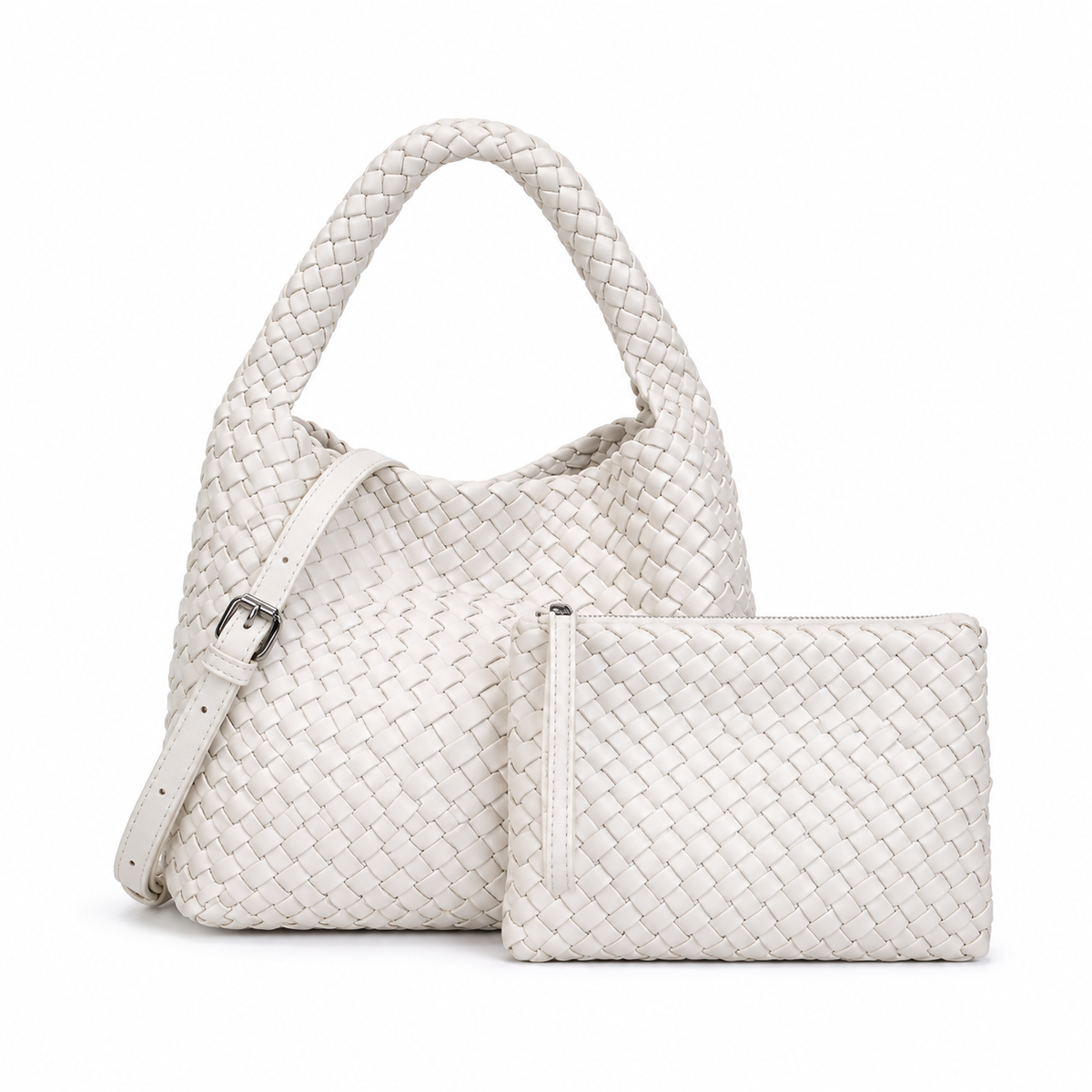 Ivory Woven Hobo Bag With Pouch