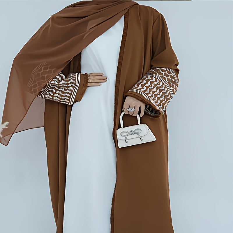 1pc Elegant Vintage Embroidered Arabic Abaya with Belt & Pockets - Black & White Geometric Pattern, Intricate Embroidery, Polyester All-Season Wear for Women, Ramadan