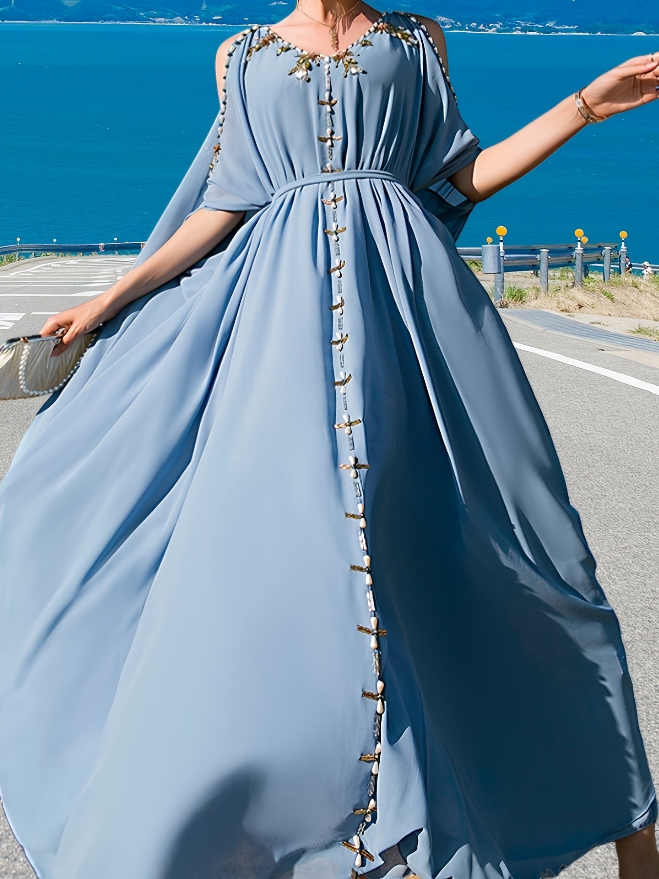 1pc Elegant Off-Shoulder Maxi Modern Abaya with Handcrafted Pearl Embellishments, Solid Color Polyester, All-Season Woven Gown with Large Flounce Sleeves