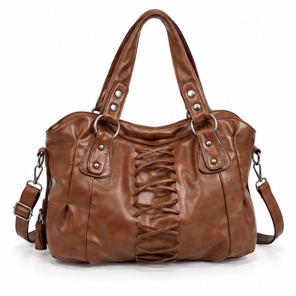 Vintage Coffee Lace-Up Leather Shoulder Handbag