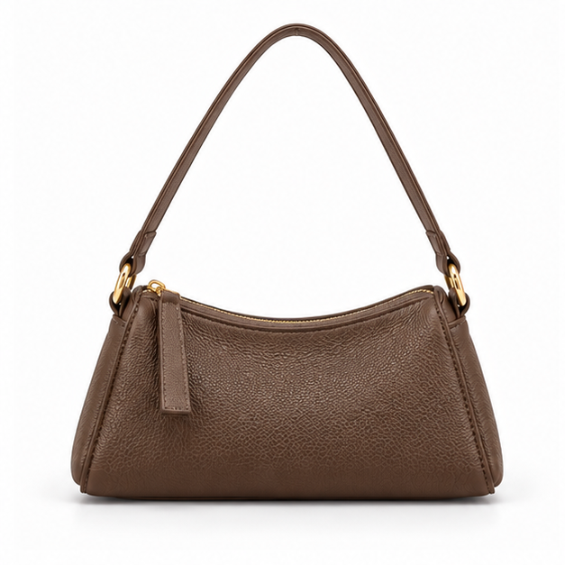 Coffee Textured Shoulder Bag With Zipper