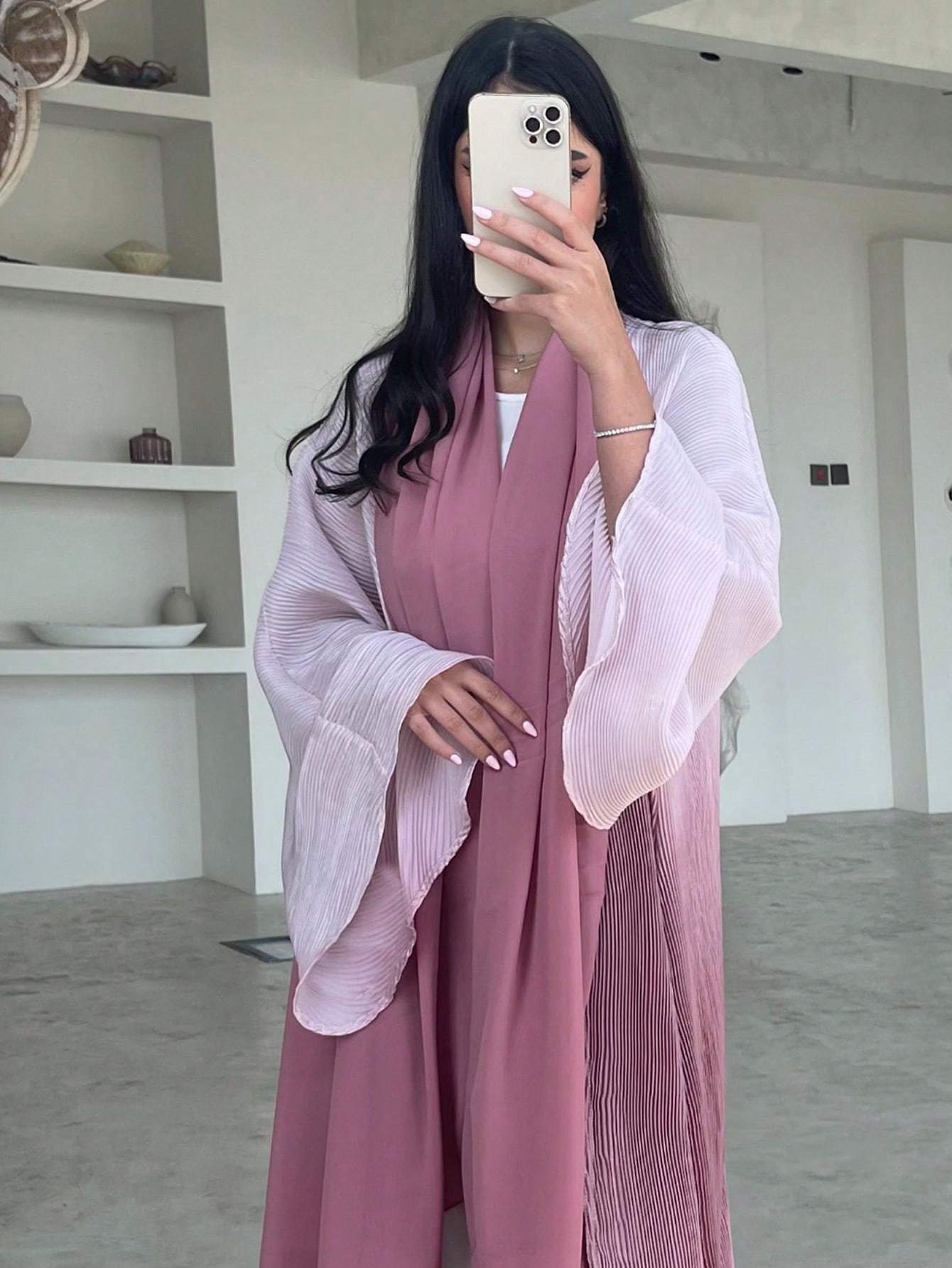 Plus Size - 1pc Plus Size Women's Elegant Abaya - Long Sleeve, Ruffle Bell Sleeves, Loose Fit Floor-Length Kaftan Dress, Non-Stretch Fabric, All-Season Wear, Casual Weekend Outfit