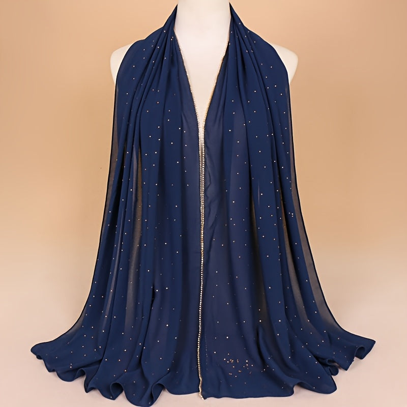 1pc Lightweight Breathable Chiffon Scarf with Sparkling Rhinestone Trim