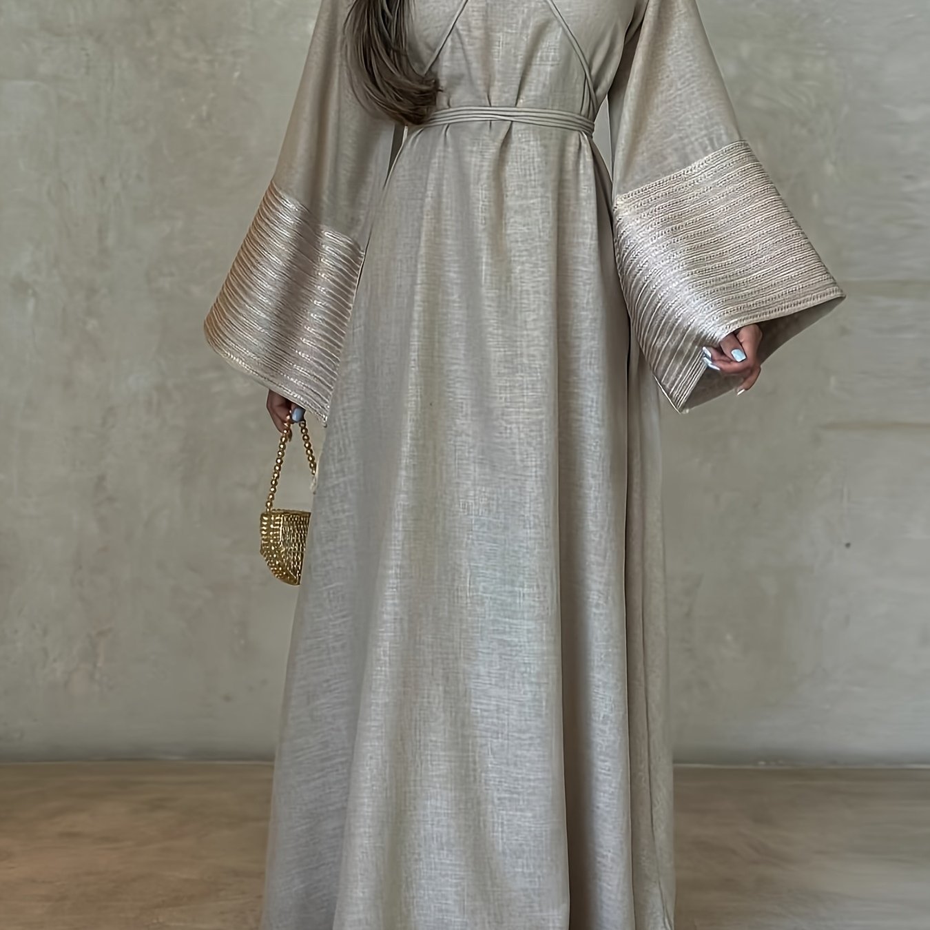 Women's Kaftan Dress Patchwork Floral Print Arabic Abaya Robe Long Sleeve Round Neck Loose Dress