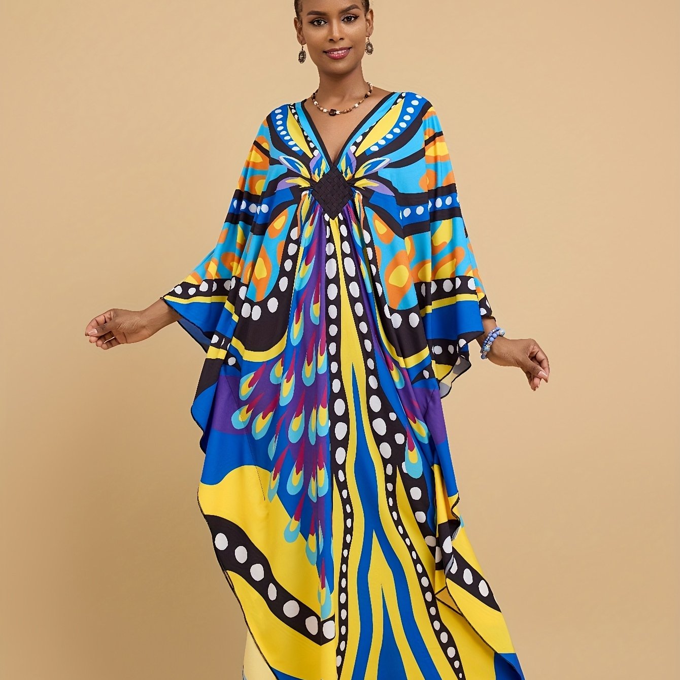 Plus Size - Maxi Dress - Vibrant Butterfly Abaya Cover Up, V-Neck Batwing Sleeve Tunic with Asymmetrical Hem, Loose Fit Long Beach Dress for Women, Spring Summer Fall Casual Outings, Beach Dress