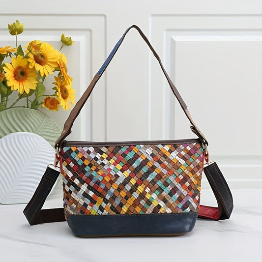 Genuine Leather Women's Woven Stripe Crossbody Bag - Adjustable Shoulder Strap, Multi-Color Grid Pattern, Zipper Closure & Polyester Lining for Casual & Formal Occasions, Leather Crossbody Bag