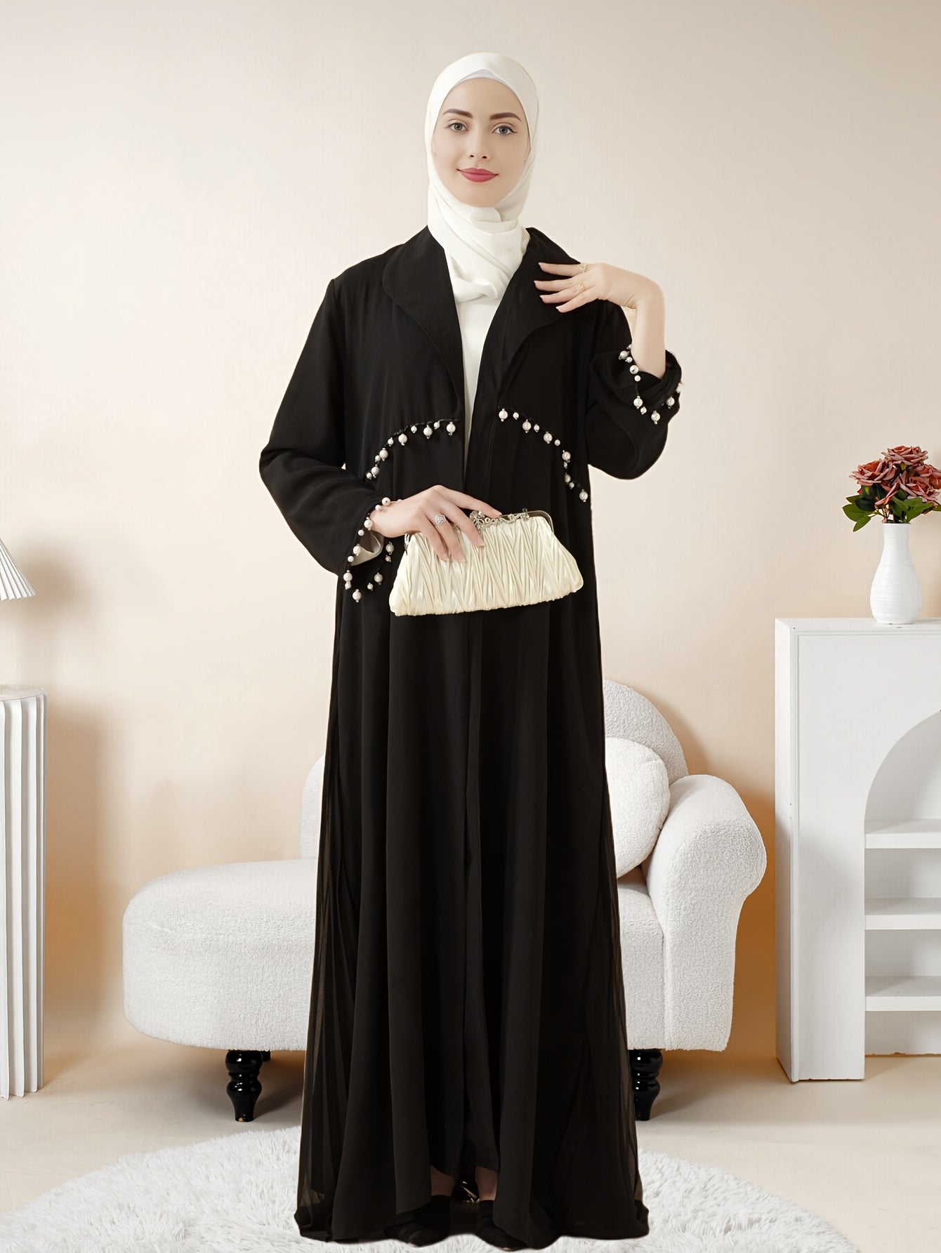 Elegant Pearl-Embellished Black Emirati Abaya with Ruched Detail - Long Sleeve, Floor-Length, Summer Wear for Women, Versatile Fashion|Ruched Abaya|Pearl Embellishments