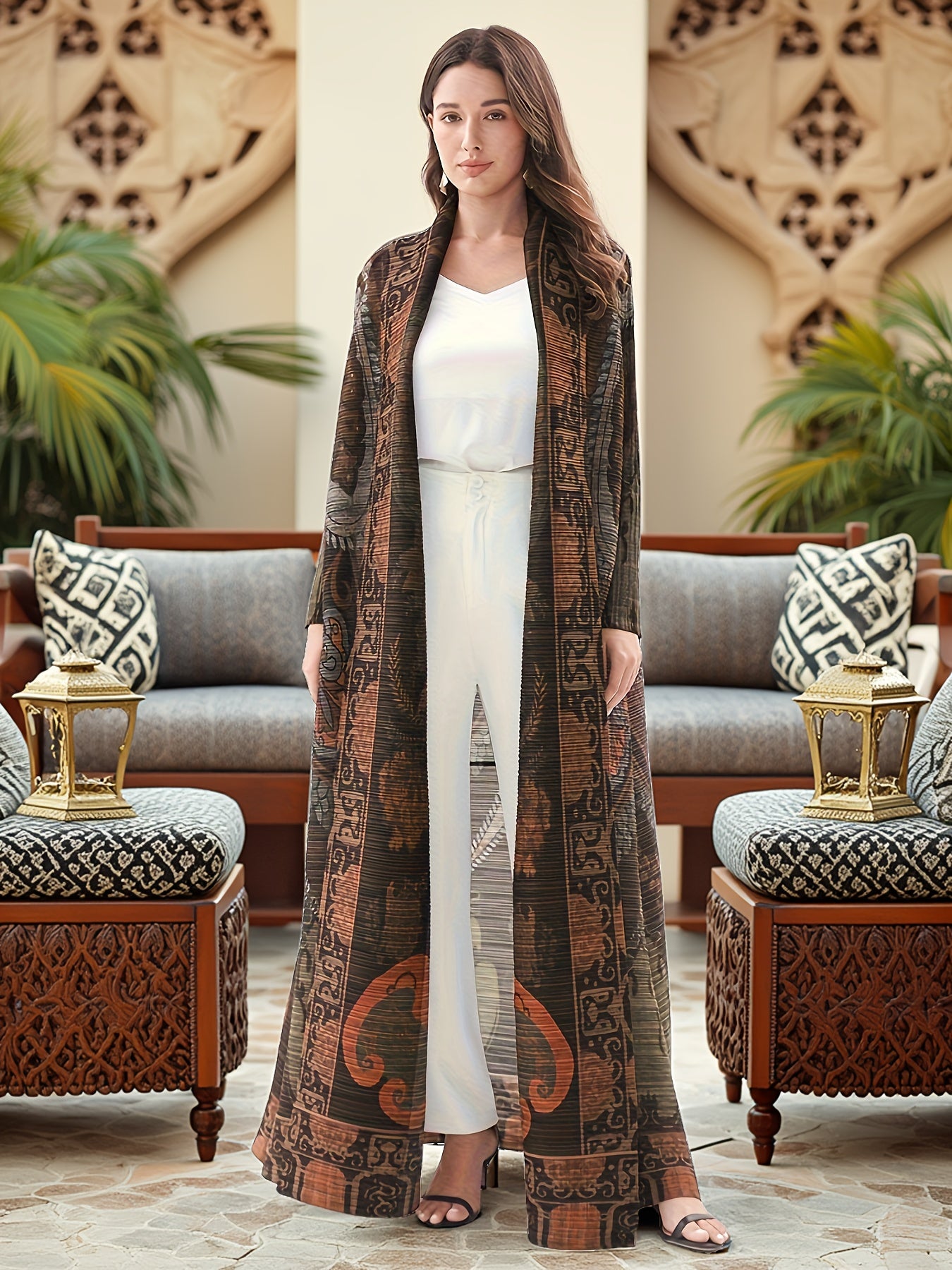 Elegant Women's Long Abaya - Loose Fit, Batwing Sleeves, Pleated Detail, Stretchy Fabric, Open Front, Middle Eastern Style, Perfect for Spring/Fall, Casual Wear Abaya | Elegant Abaya