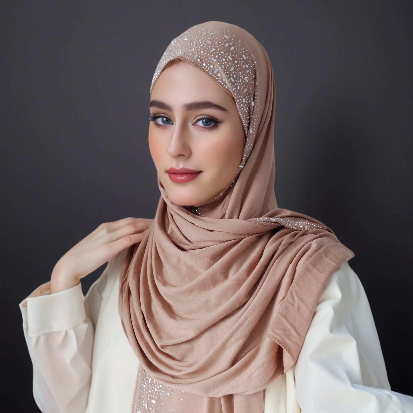 Elegant Black Stretch Bamboo Jersey Hijab Scarf Shawl for Women | Elastic Soft Large Headscarf with Sparkling Rhinestone Trim, Hand Washable Muslim Woven Head Cover & Hair Accessory, Modest Fashion