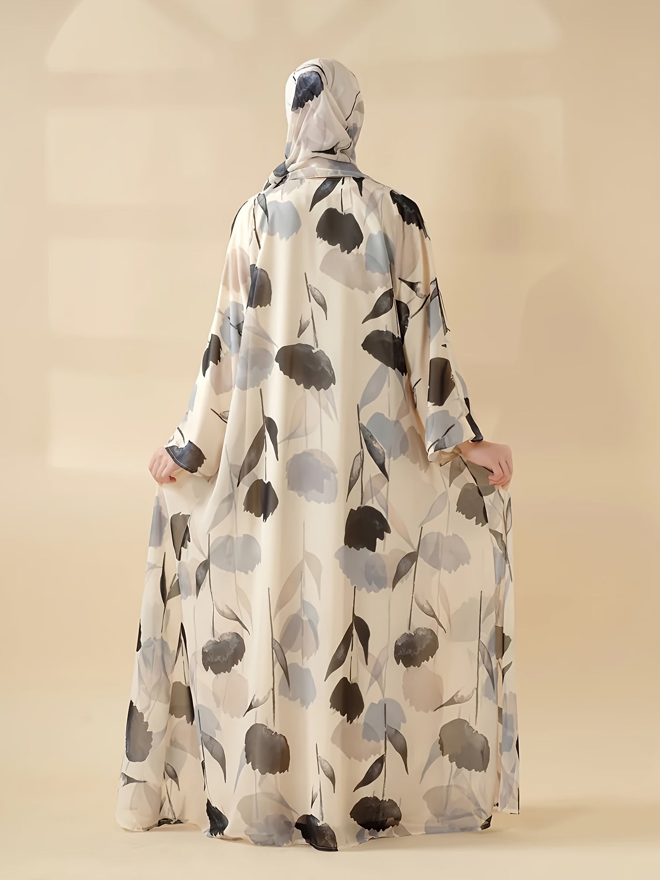Elegant Floral Print Abaya Set - Lightweight, Open Front Long Robe with Matching Garment, Polyester, Non-Stretch Fabric, Perfect for Summer, Middle Eastern Fashion