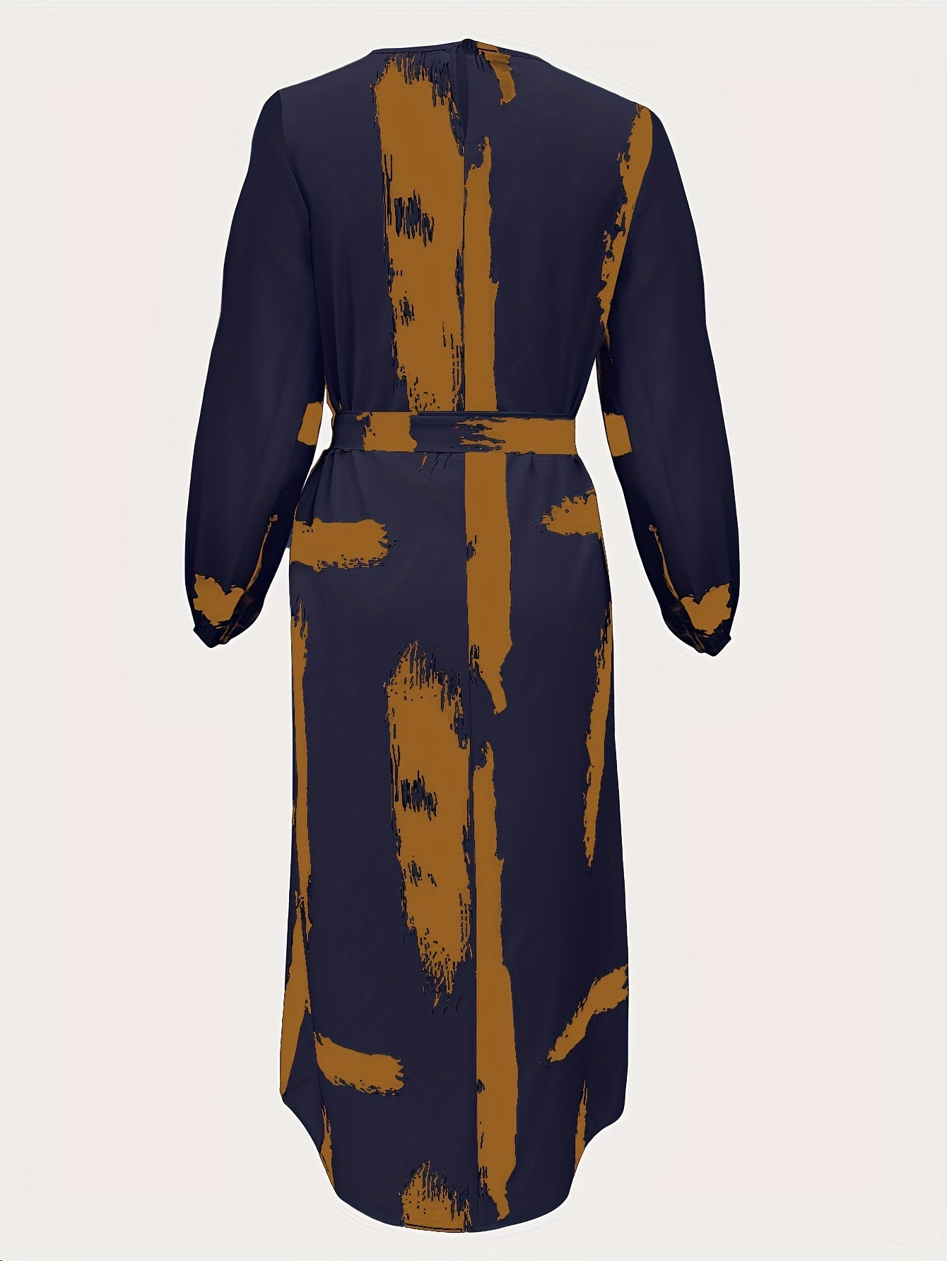 Navy Blue & Orange Print Women's Arabic Traditional Kaftan Abaya Dress | Long Sleeve Knee-Length Machine Washable Fitted Silhouette for Modest All-Season Wear, Middle Eastern Attire