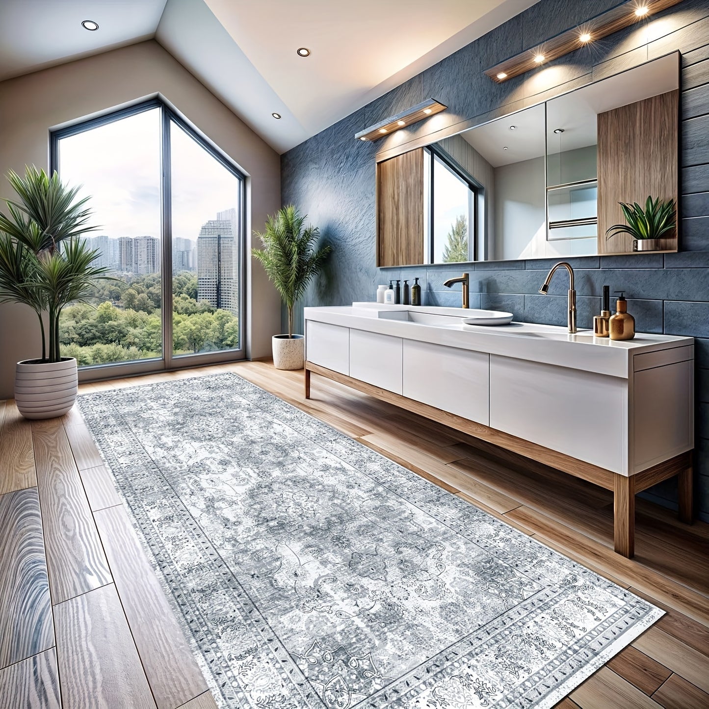 Area Rugs Boho Washable Area Rug For Bathroom, Bedroom, Large Area Rugs For Living Room Dining Room, Bohemian Vintage Non Slip Low Pile Indoor Accent Carpet For Home Office-blue Color Bathroom Mat